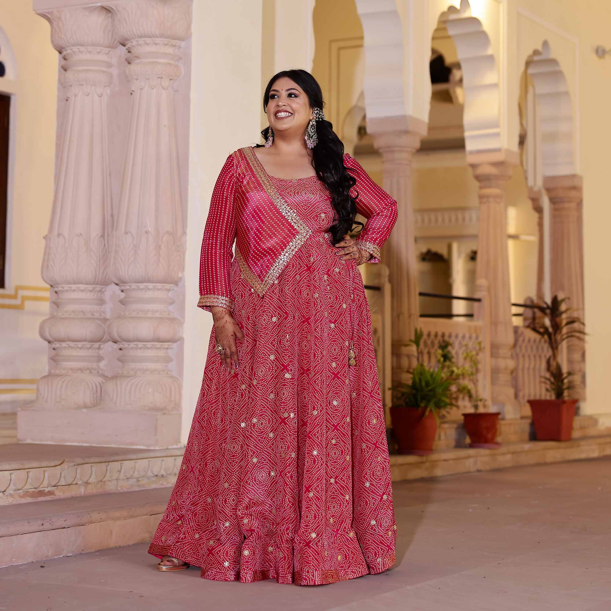 Blushing Hibiscus Bandhani Pure Tissue Silk Anarkali With Asymmetrical Cape