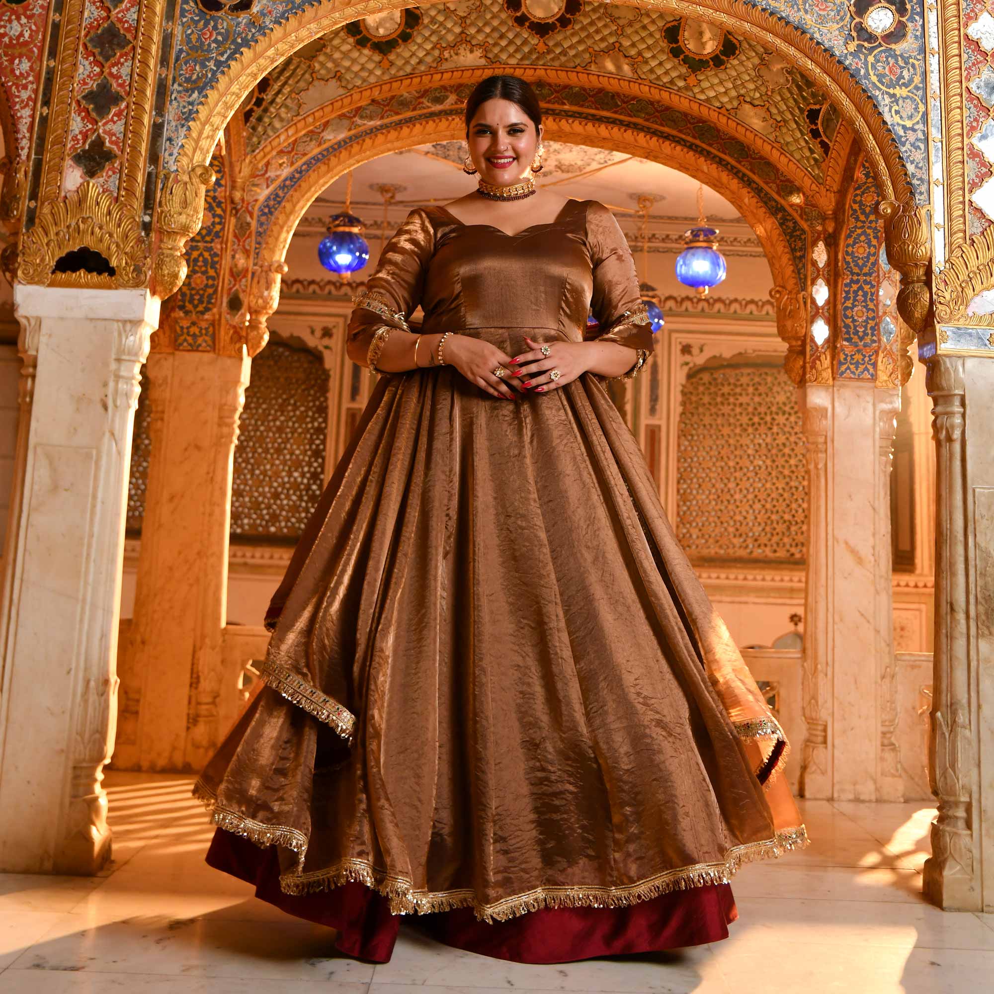 Chamakta Taaj- Copper & Gold Tissue Silk Anarkali Set