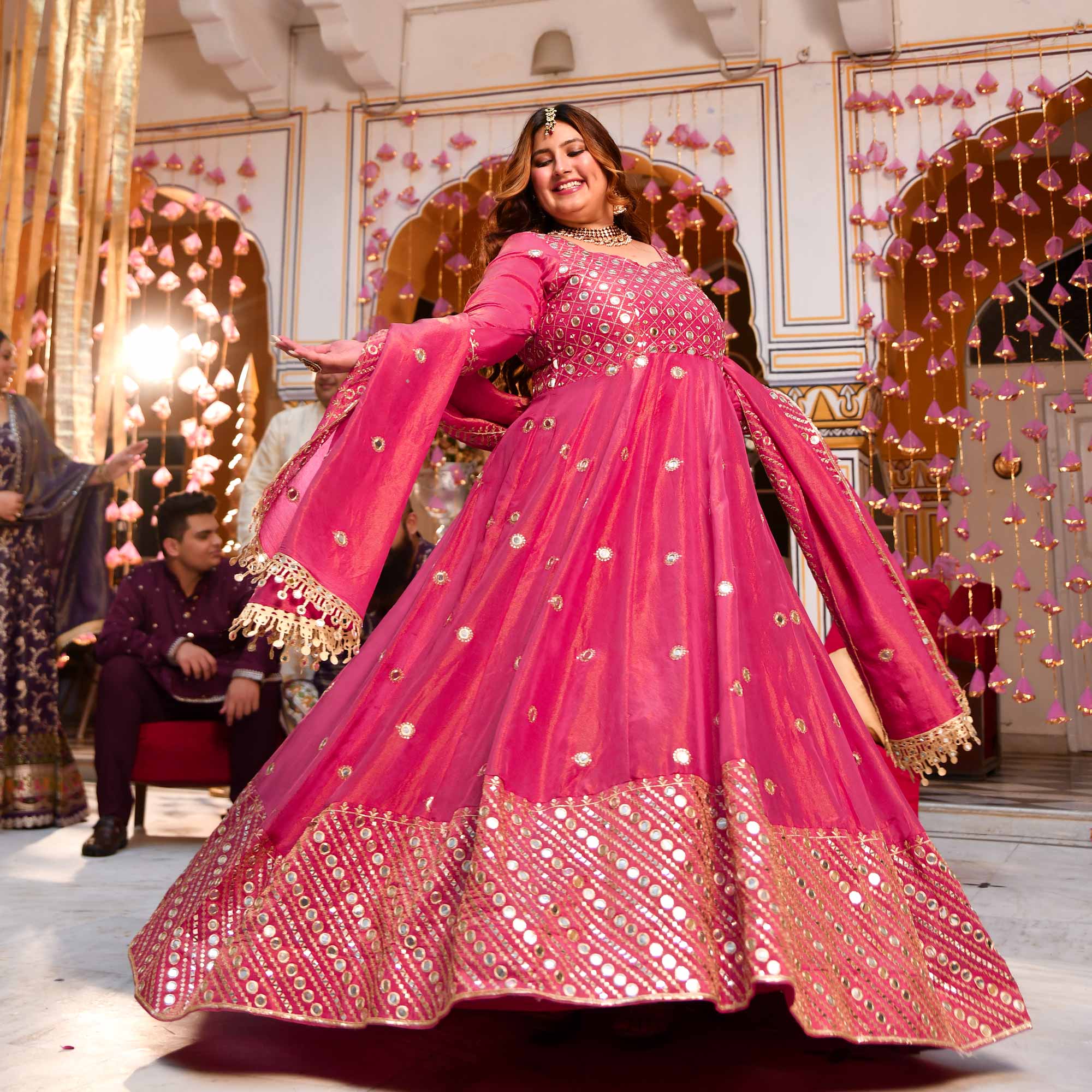 Dazzling Peony -Deep Pink Pure Tissue Silk Embroidered Anarkali Set Dazzling Peony -Deep Pink Pure Tissue Silk Embroidered Anarkali Set
