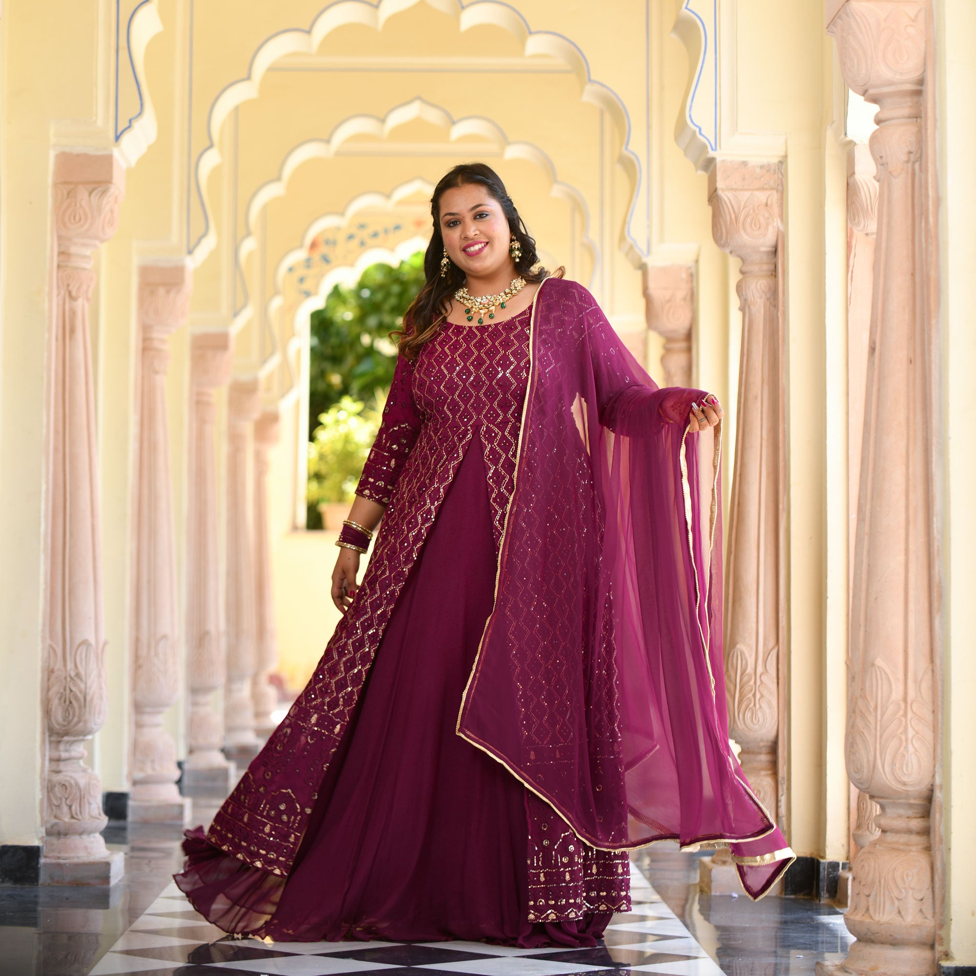 Wine Thread Embroidered Georgette Anarkali Dress Wine Thread Embroidered Georgette Anarkali Dress