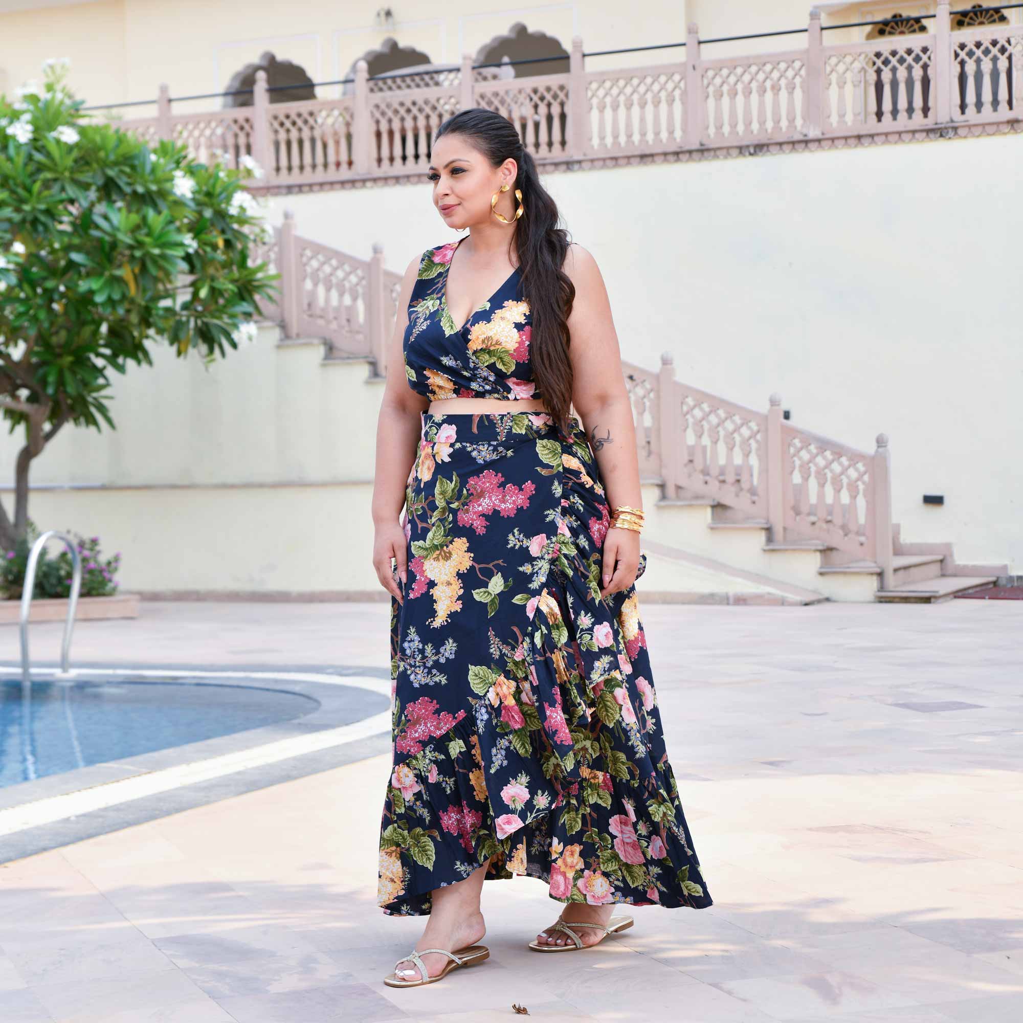 Evening Rose Cotton Wrap Skirt Top Set (Blue)