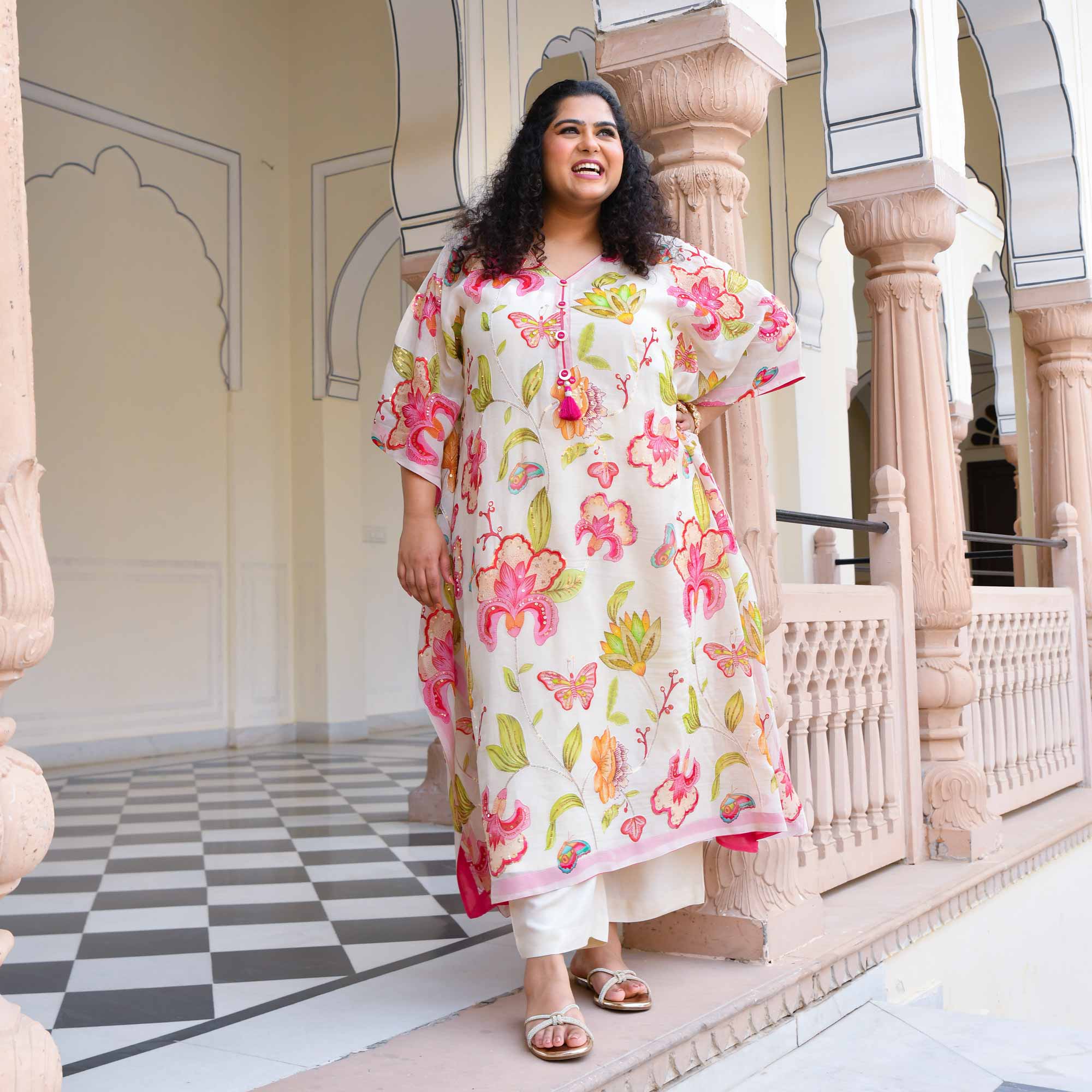 Pristine Bloom Floral Sequin Embroidered Pure Organza Kaftan Set