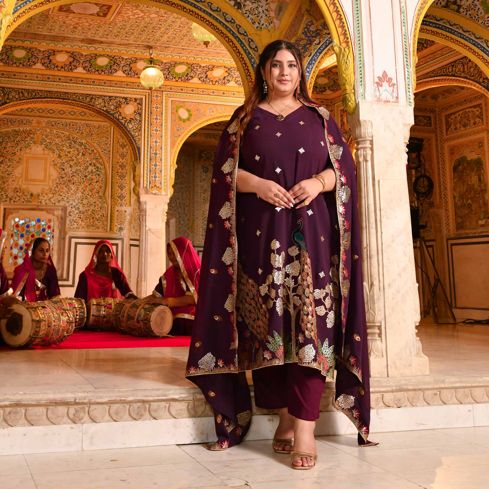 Gulnaar- Wine Embroidered Georgette Suit Set