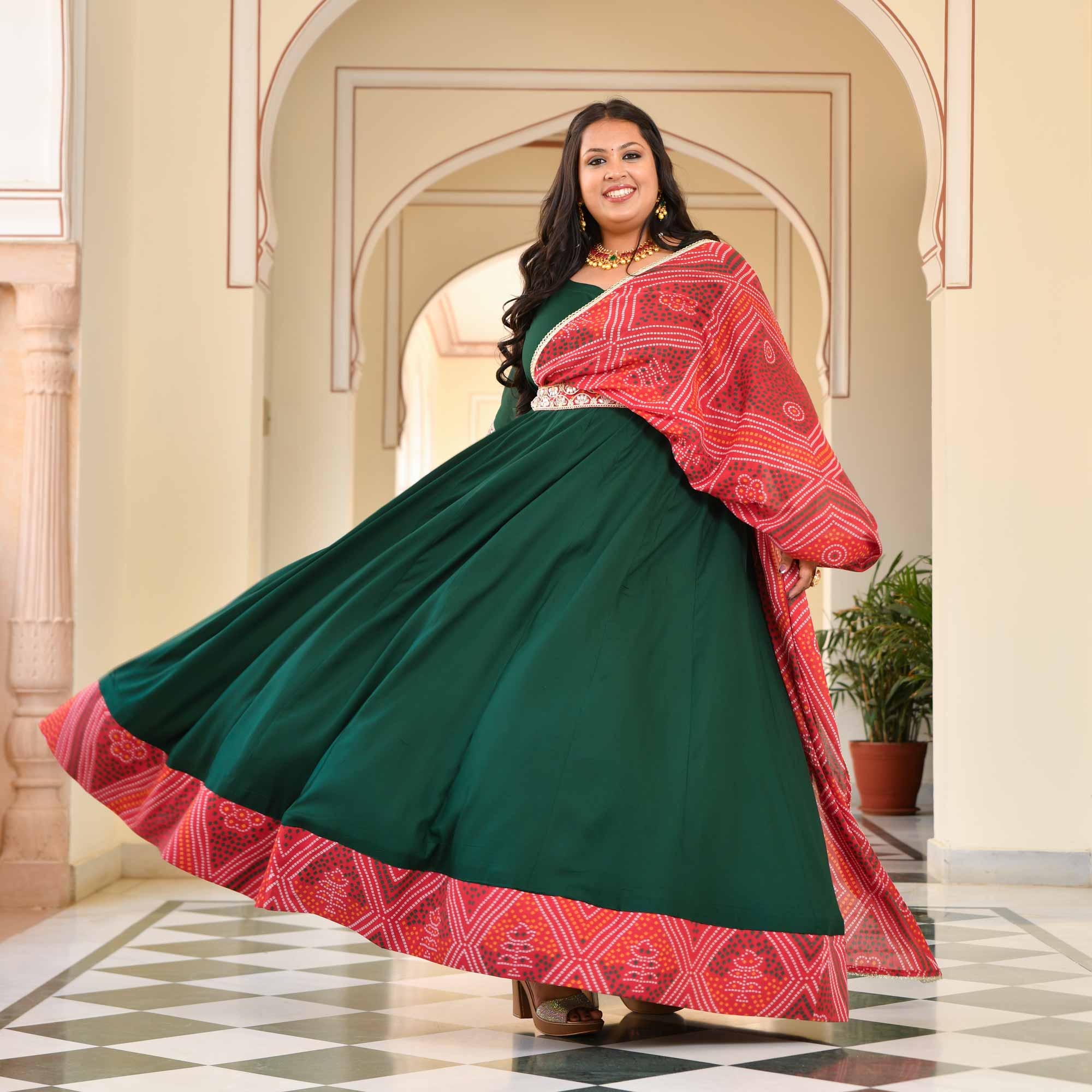 Morpankh Green Anarkali with Bandhani Belt Drape