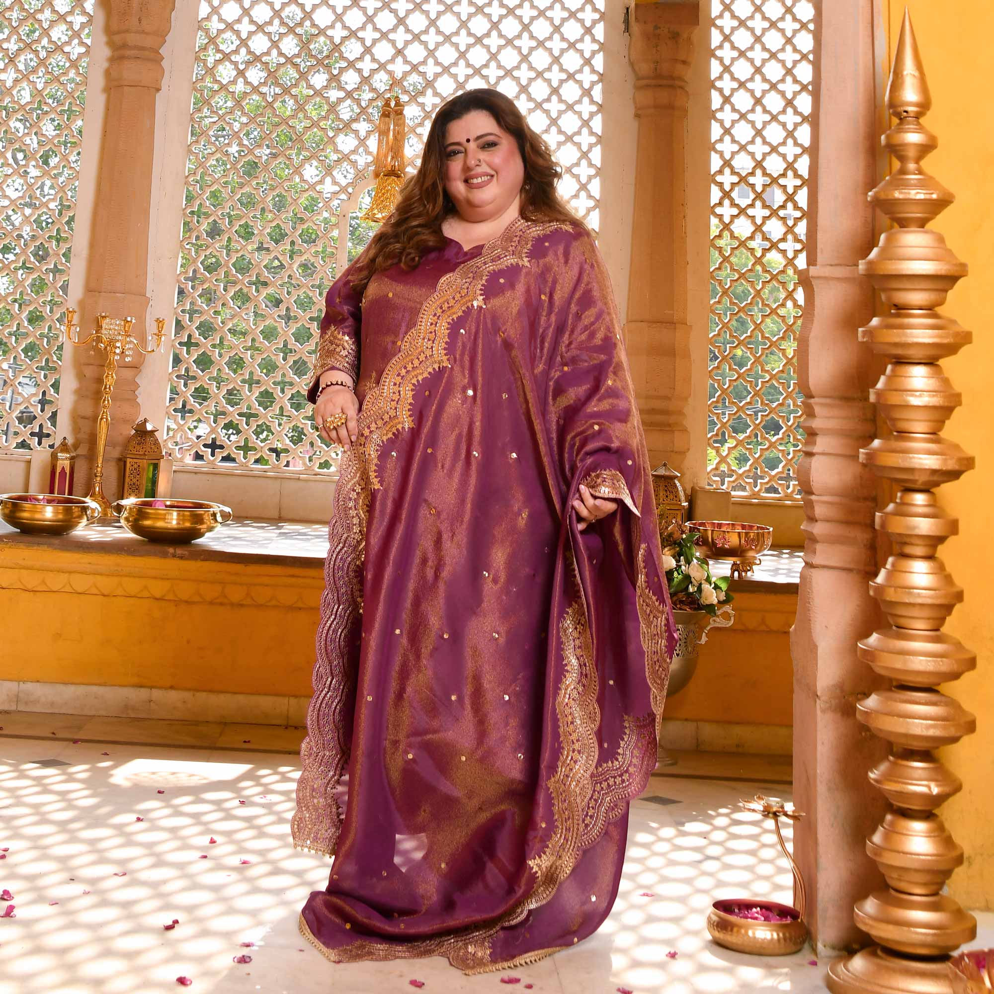 Berry Divine-Purple Pure Tissue Silk Embroidered Suit Set