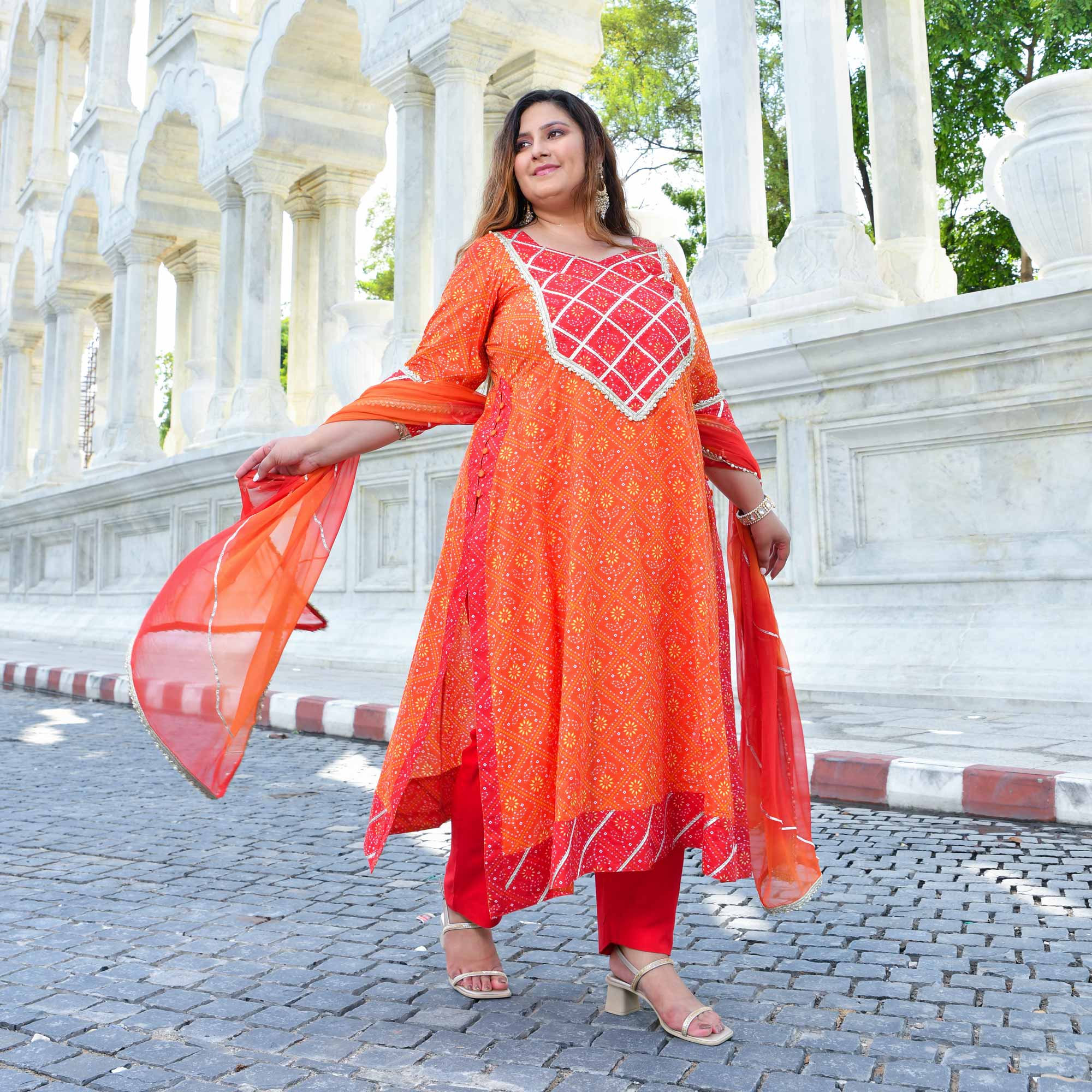 Rangrez - Red & Orange Bandhani Gota Cotton Aline Kurta