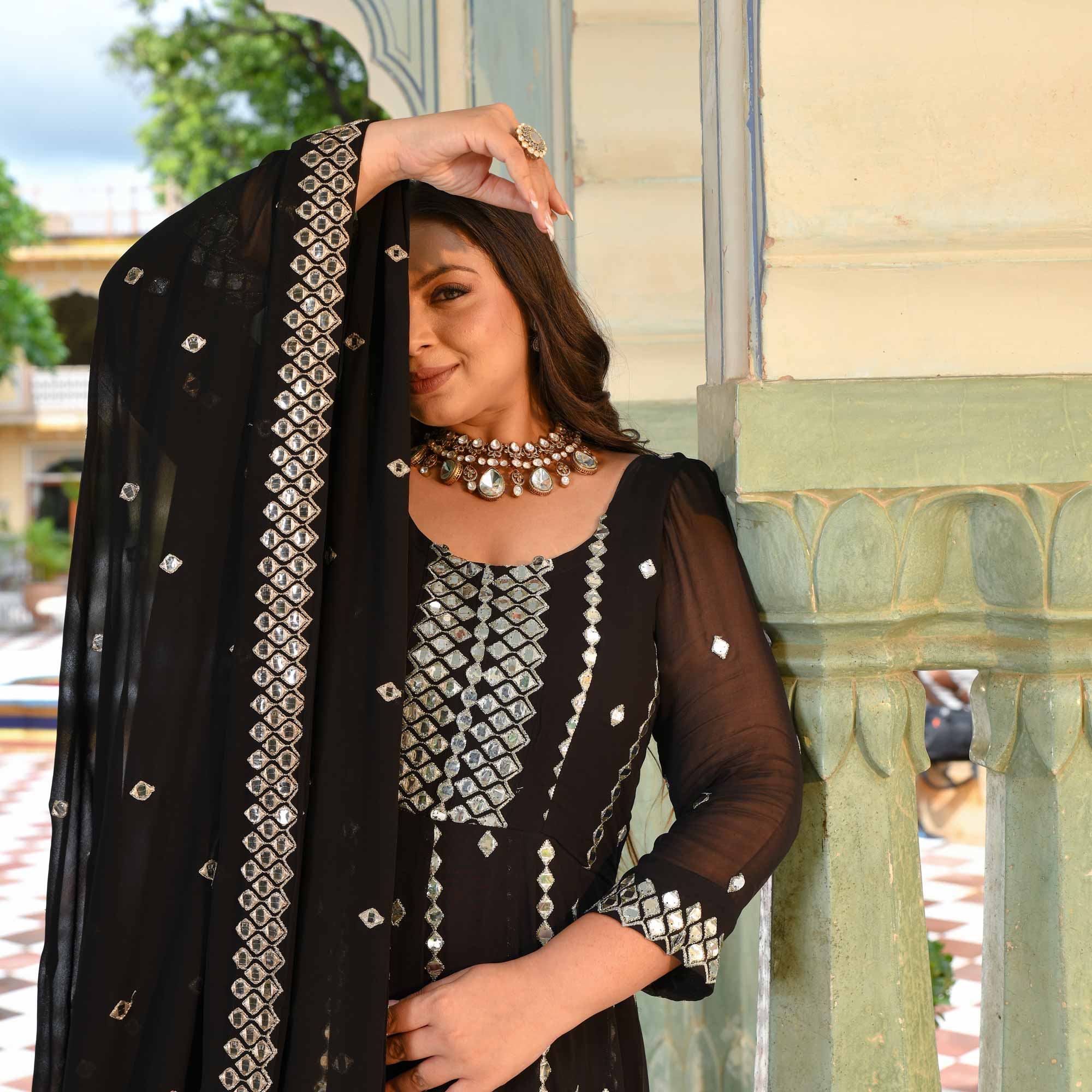 Black Diamond Mirror Embroidered Pure Georgette Anarkali Set