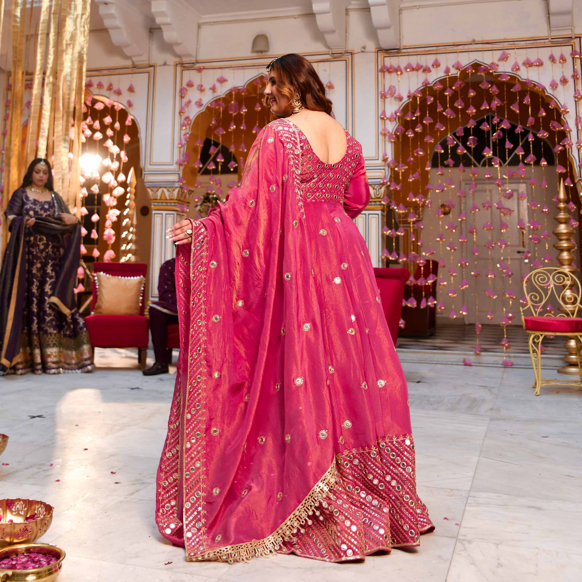Dazzling Peony -Deep Pink Pure Tissue Silk Embroidered Anarkali Set Dazzling Peony -Deep Pink Pure Tissue Silk Embroidered Anarkali Set