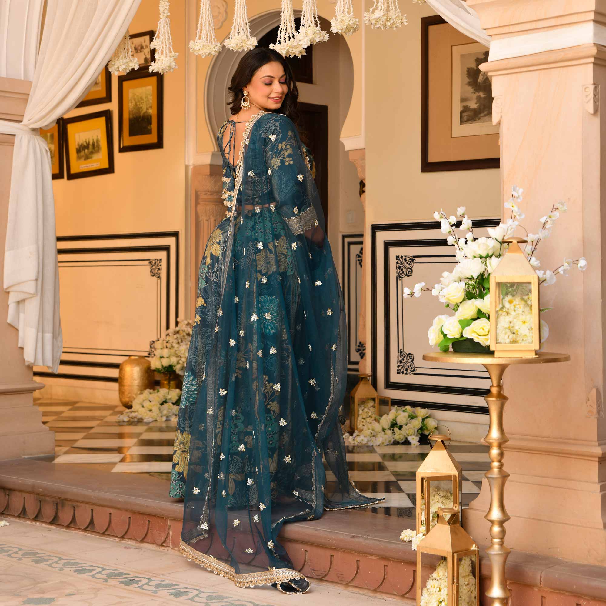 Lavish Lagoon Floral Tissue Silk Embroidered Lehenga Set Lavish Lagoon Floral Tissue Silk Embroidered Lehenga Set