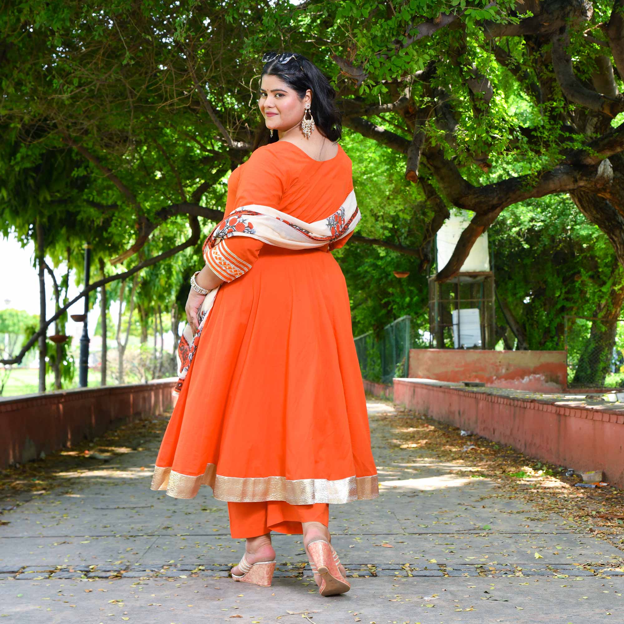 Tangerine Floral Cotton Anarkali Set Tangerine Floral Cotton Anarkali Set