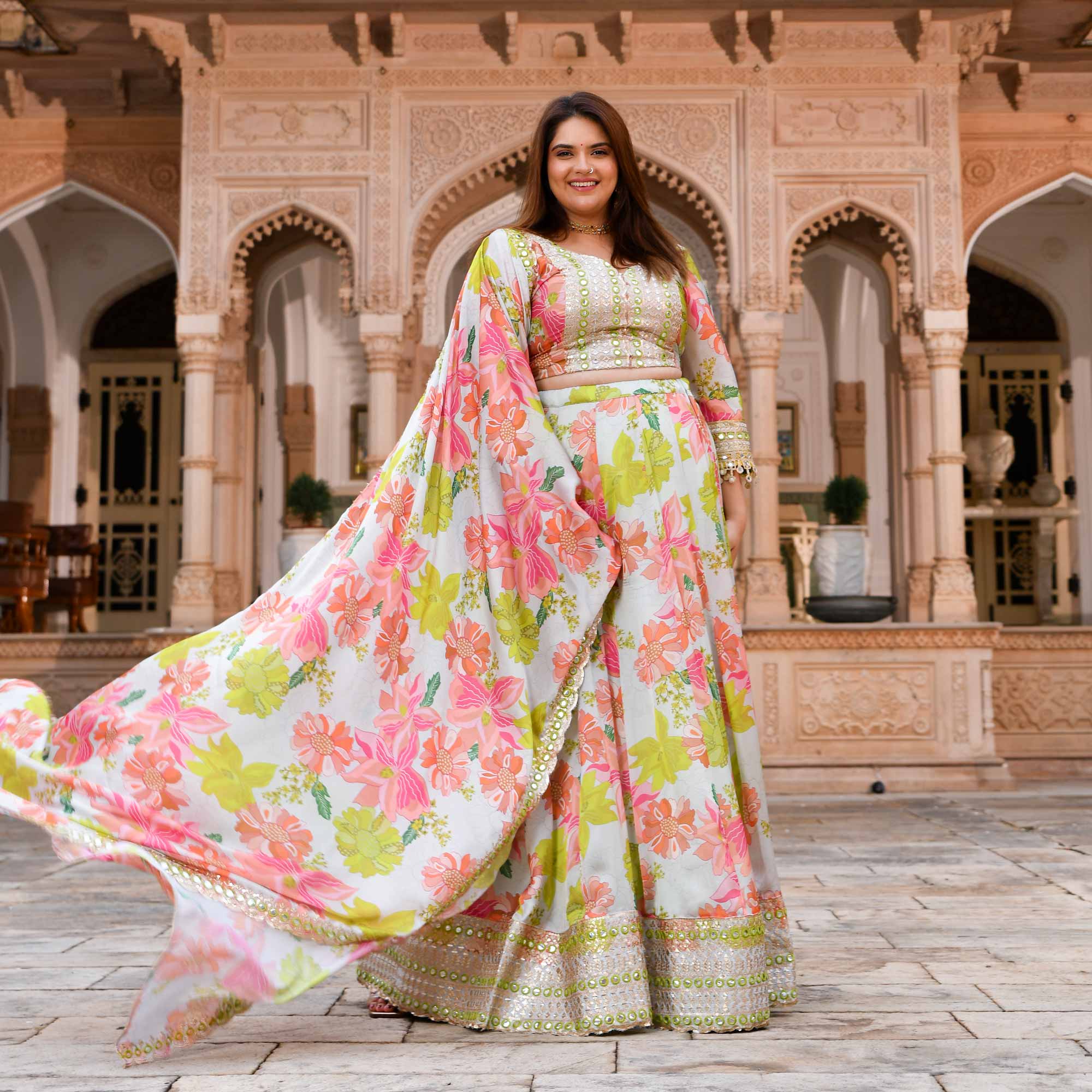 Dewy Blooms Floral Satin Embroidered Lehenga Set Dewy Blooms Floral Satin Embroidered Lehenga Set