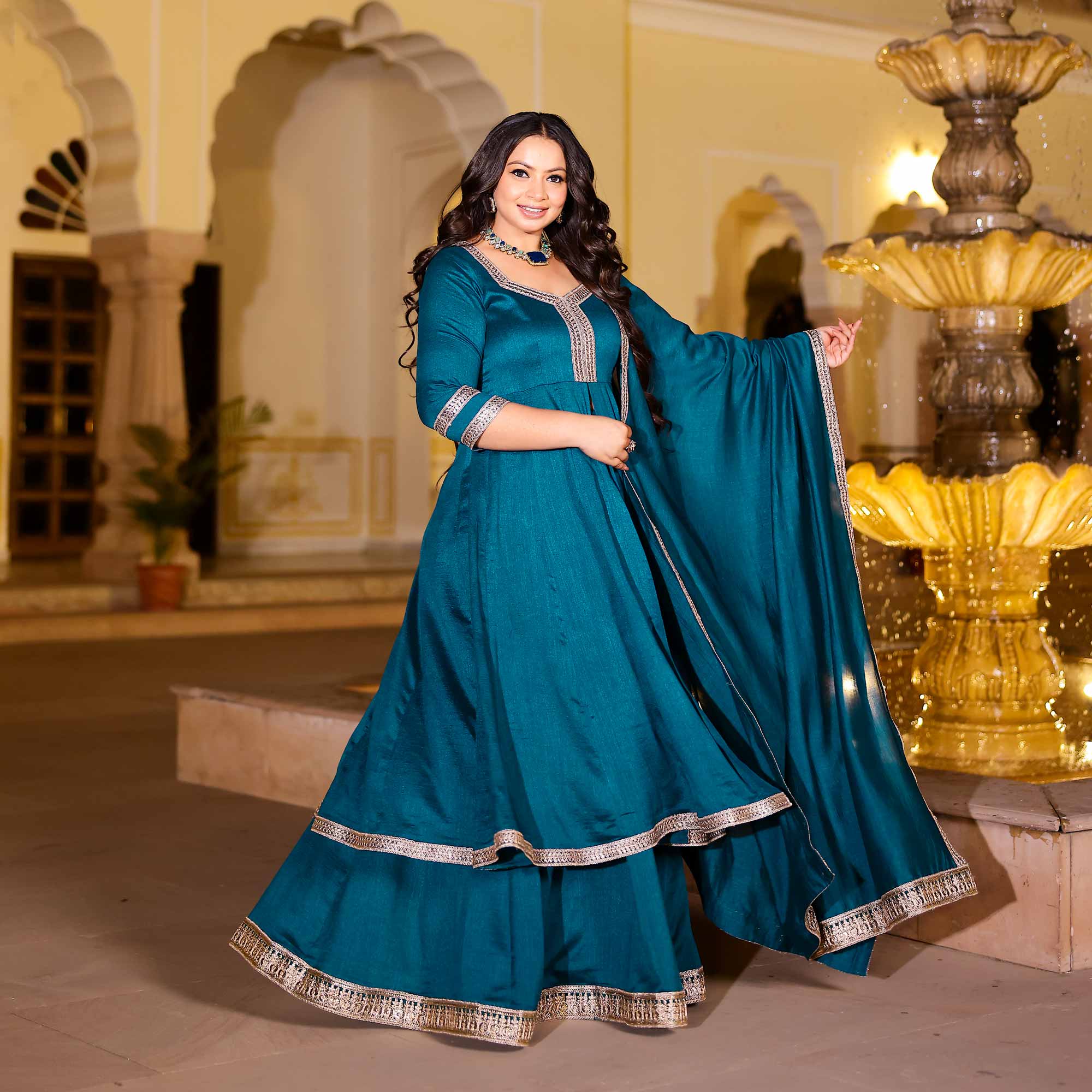 Kingfisher Blue Slit Anarkali Lehenga Set Kingfisher Blue Slit Anarkali Lehenga Set