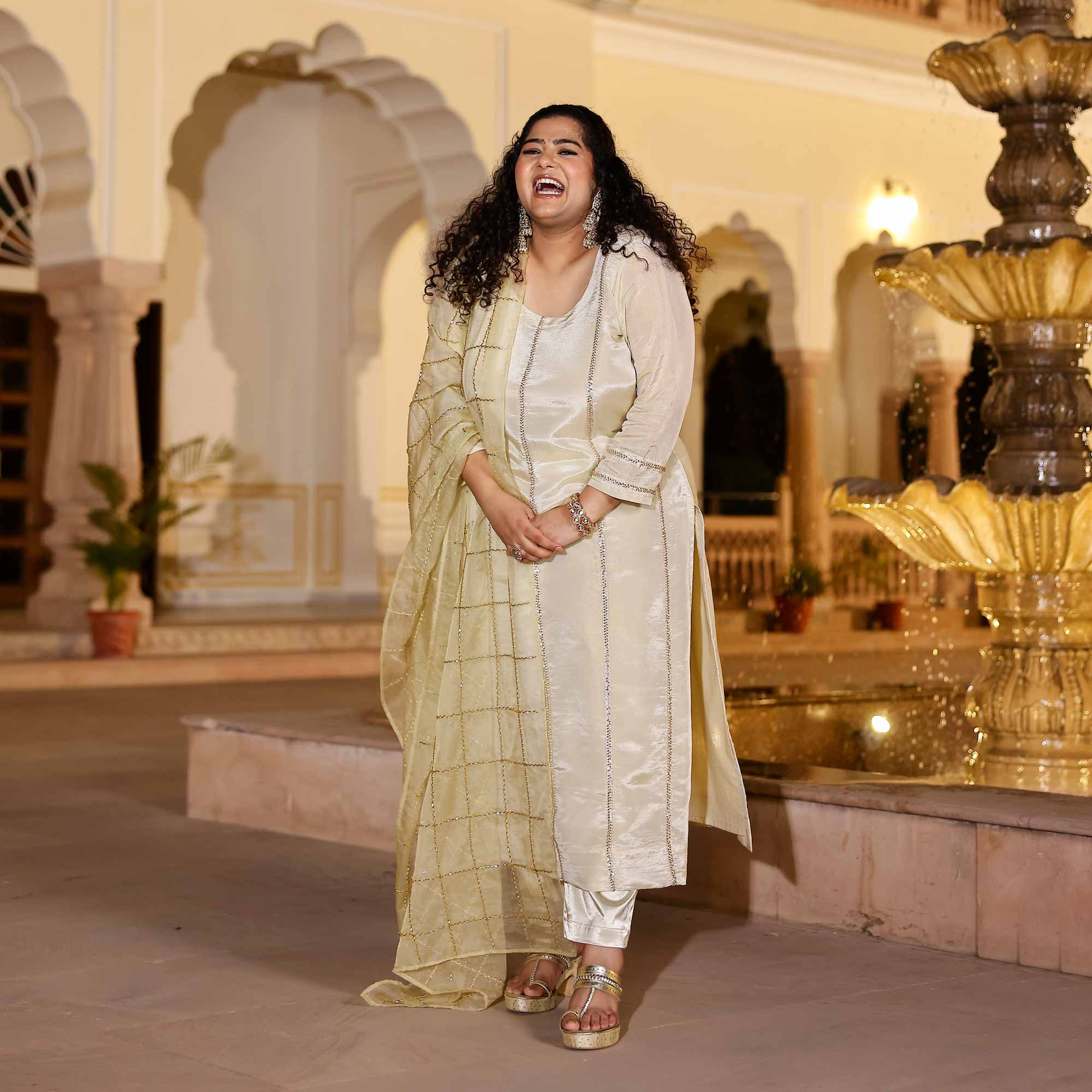 MOHANA Off-White & Gold Cutdana Embroidered Pure Tissue Silk Kurta