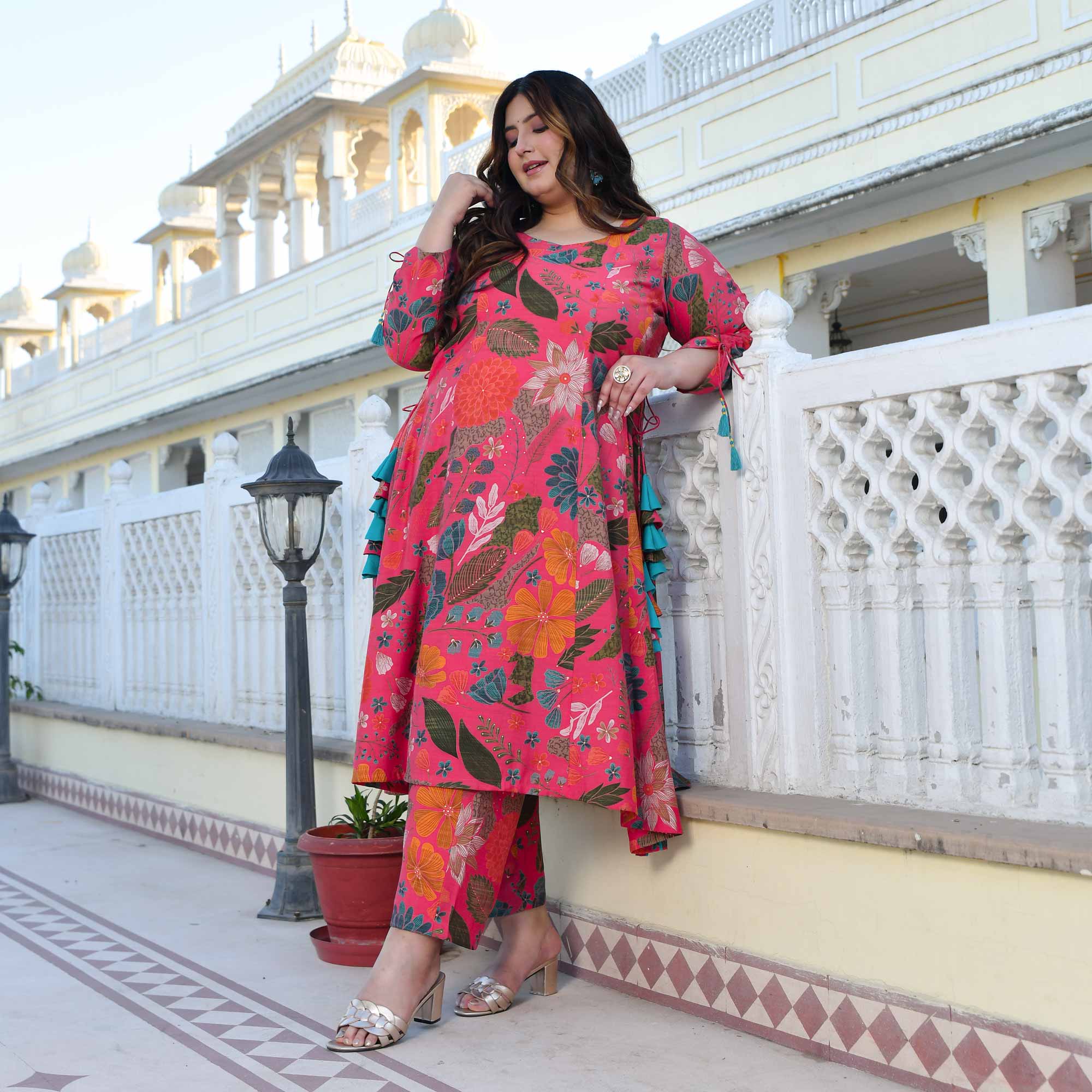 Zinnia- Raspberry Pink Floral Modal Viscose Blend Aline Slit Kurta Pant Set Zinnia- Raspberry Pink Floral Modal Viscose Blend Aline Slit Kurta Pant Set