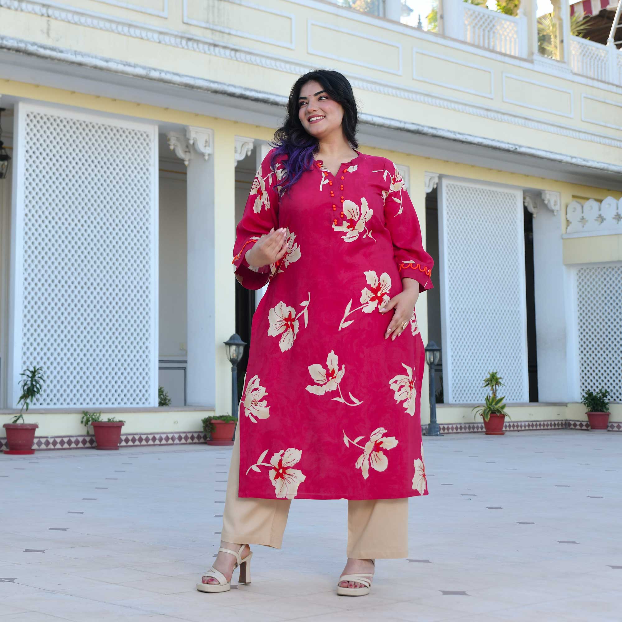Camellia- Deep Pink Floral Print Rayon Kurta Camellia- Deep Pink Floral Print Rayon Kurta