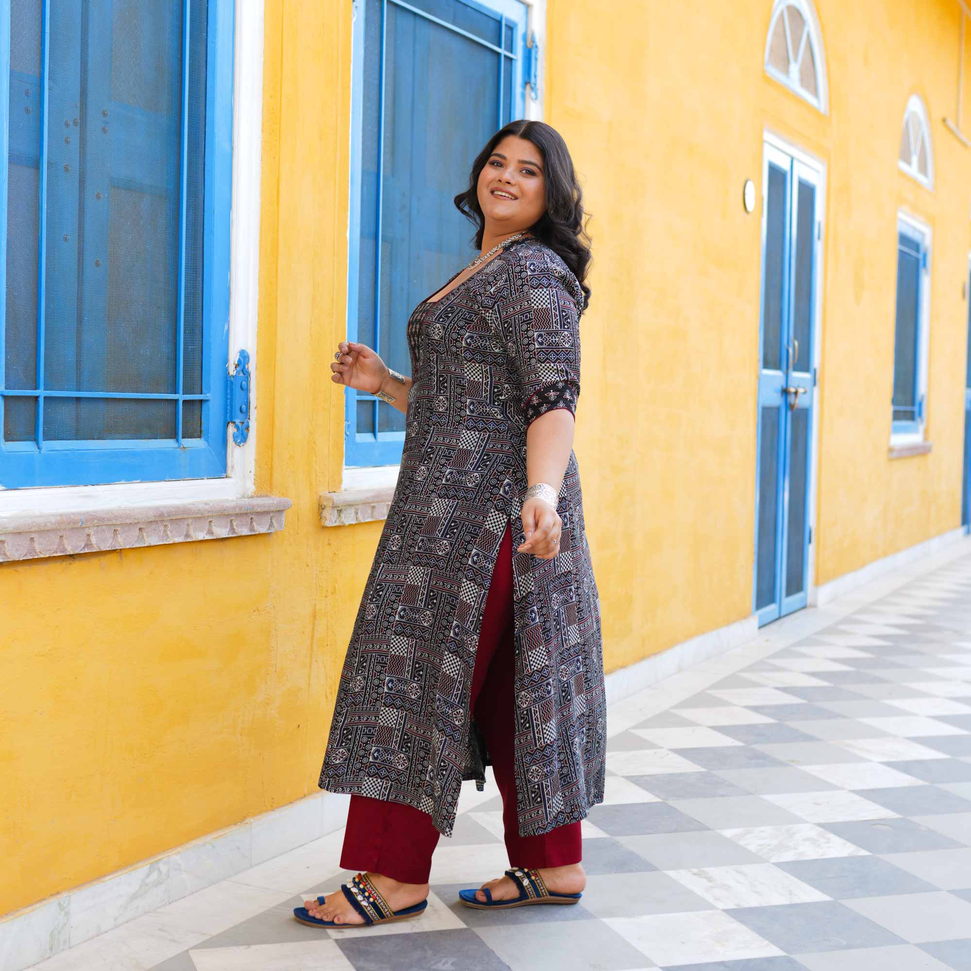 Carbon Black Ajrakh Aline Modal Kurta Carbon Black Ajrakh Aline Modal Kurta
