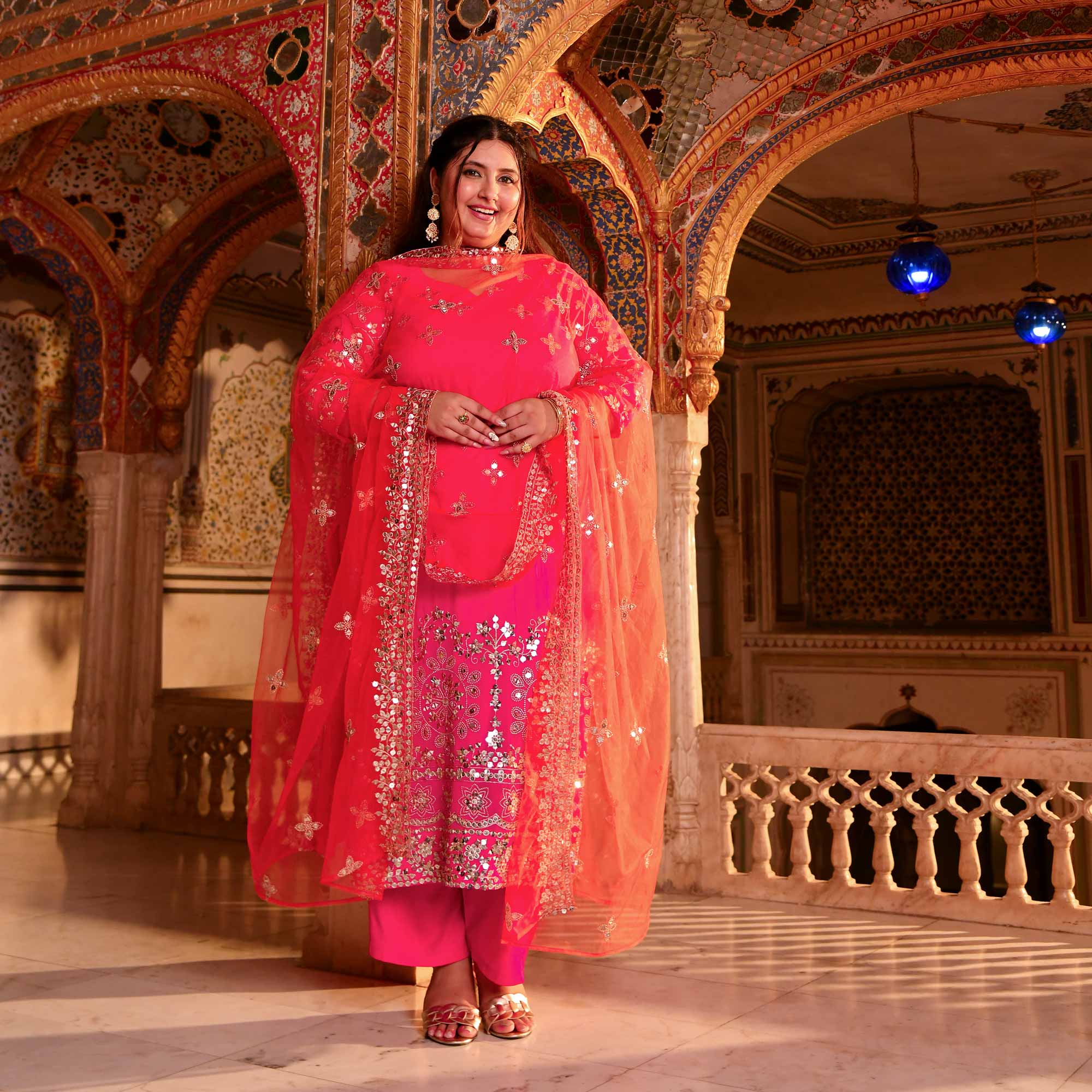 Pink Flame Mirror Embroidered Pure Georgette Suit Set