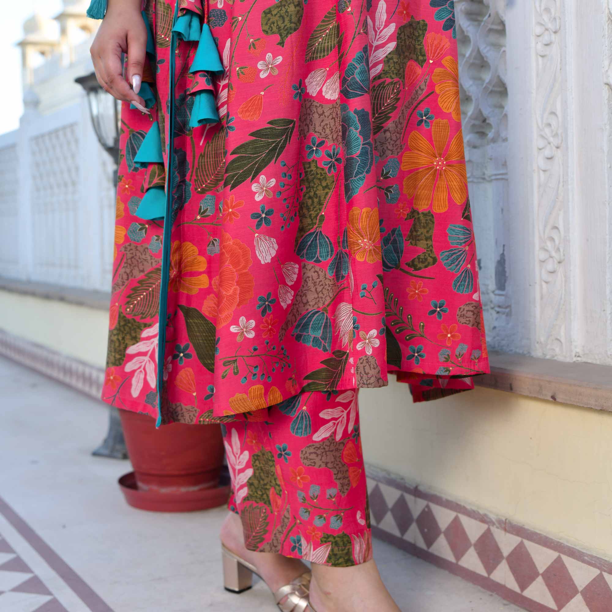 Zinnia- Raspberry Pink Floral Modal Viscose Blend Aline Slit Kurta Pant Set Zinnia- Raspberry Pink Floral Modal Viscose Blend Aline Slit Kurta Pant Set