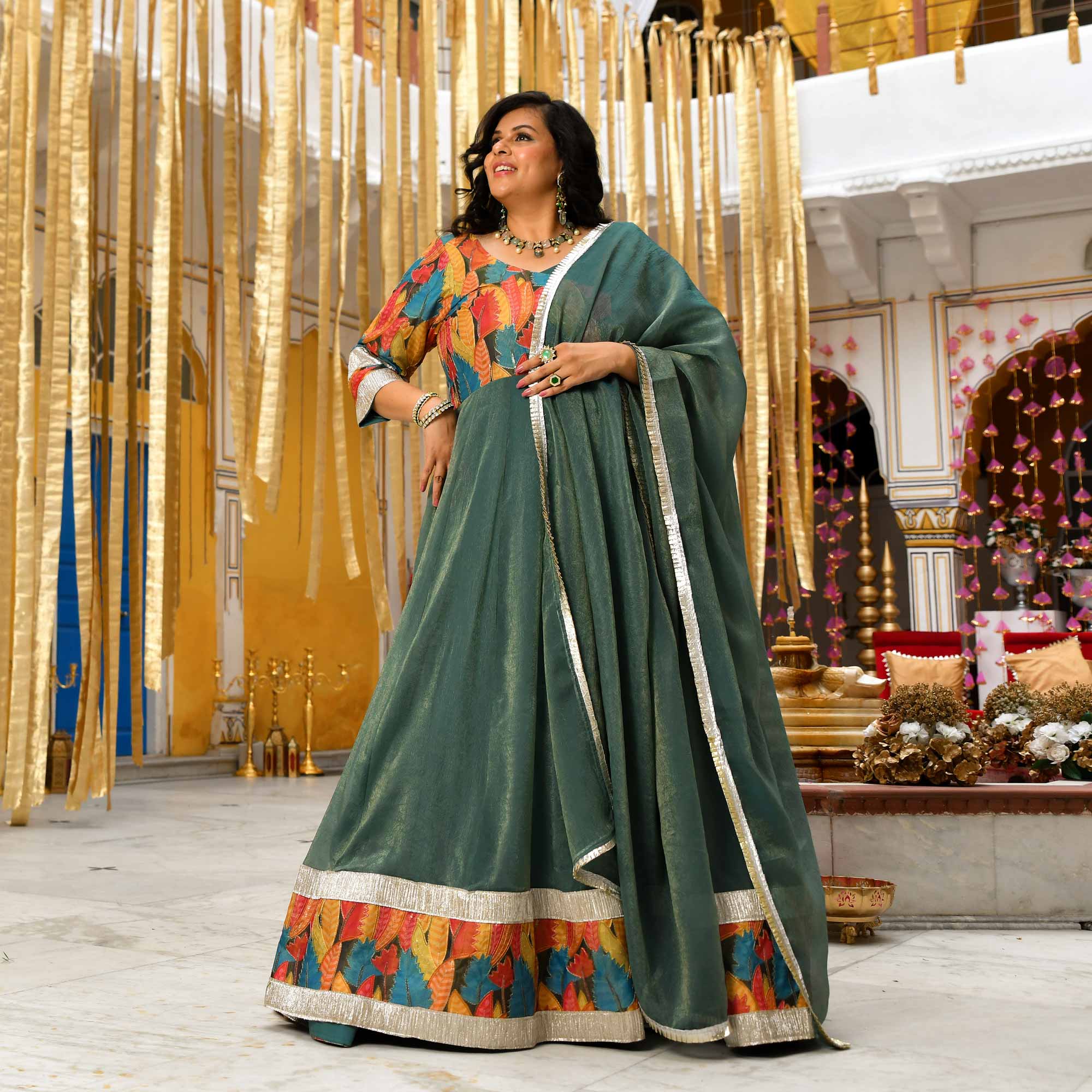 Forest Dew-Sage green Tissue Silk Anarkali Set Forest Dew-Sage green Tissue Silk Anarkali Set