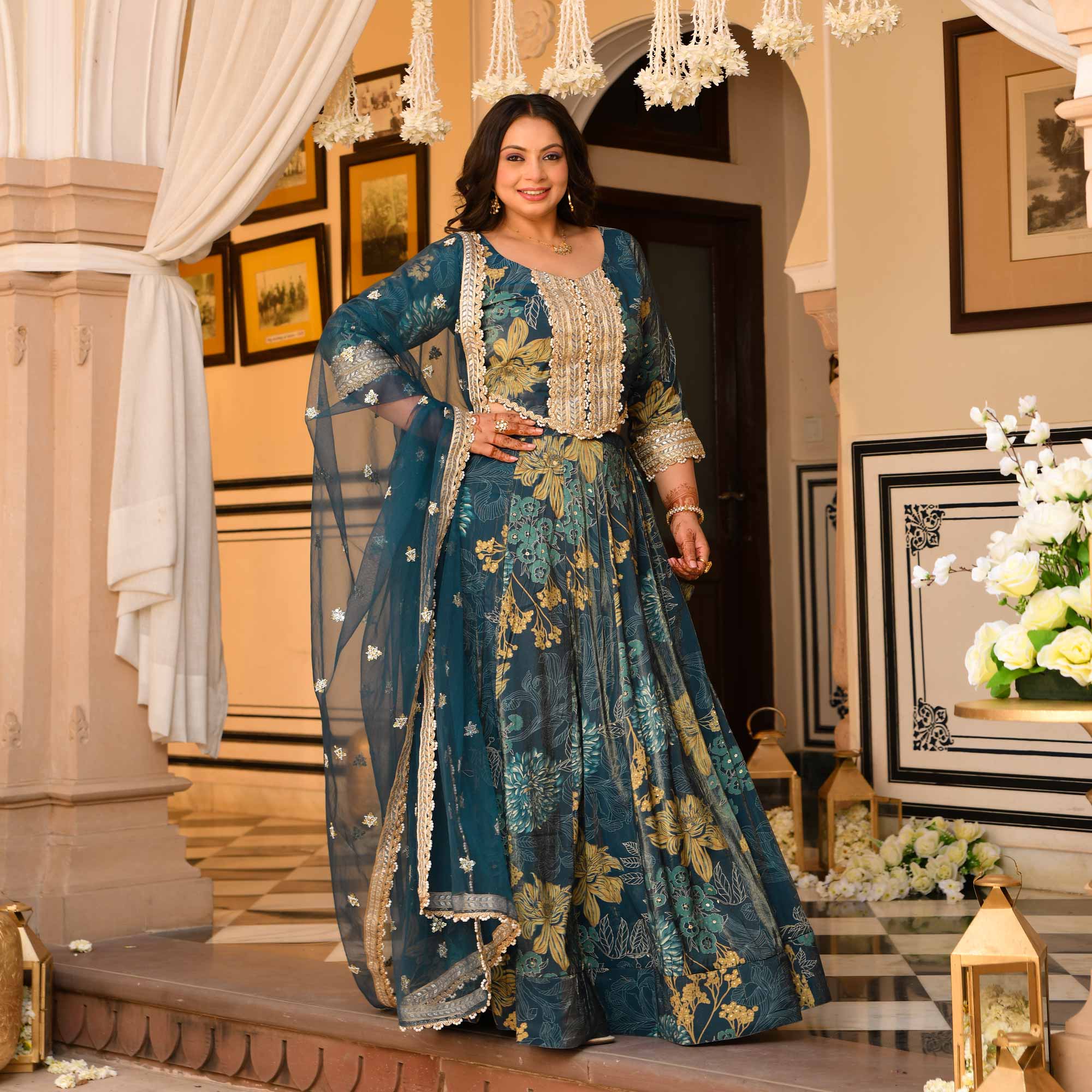 Lavish Lagoon Floral Tissue Silk Embroidered Lehenga Set Lavish Lagoon Floral Tissue Silk Embroidered Lehenga Set