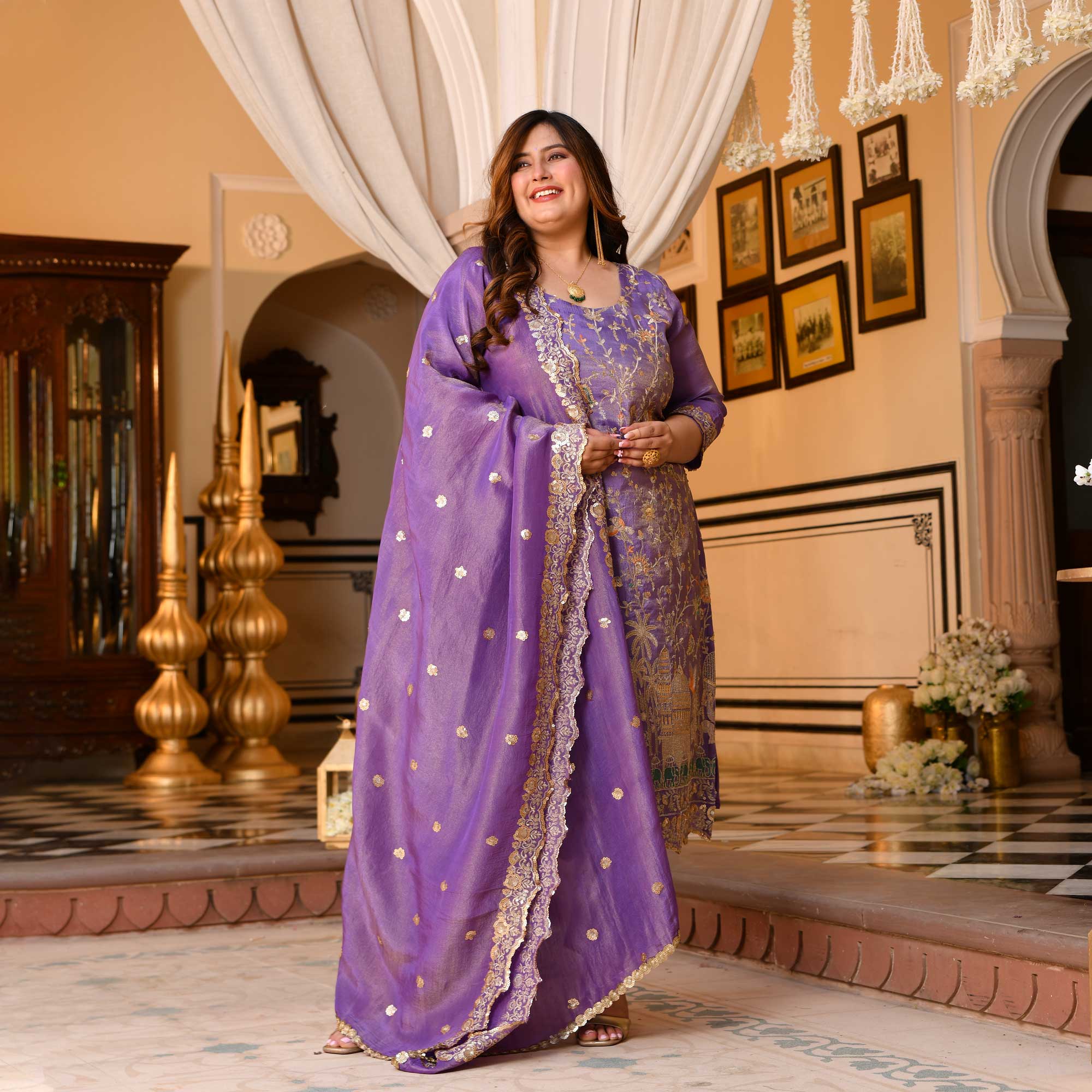 Urvashi - Wisteria Purple Sequin & Thread Embroidered Pure Tissue Silk Suit Set