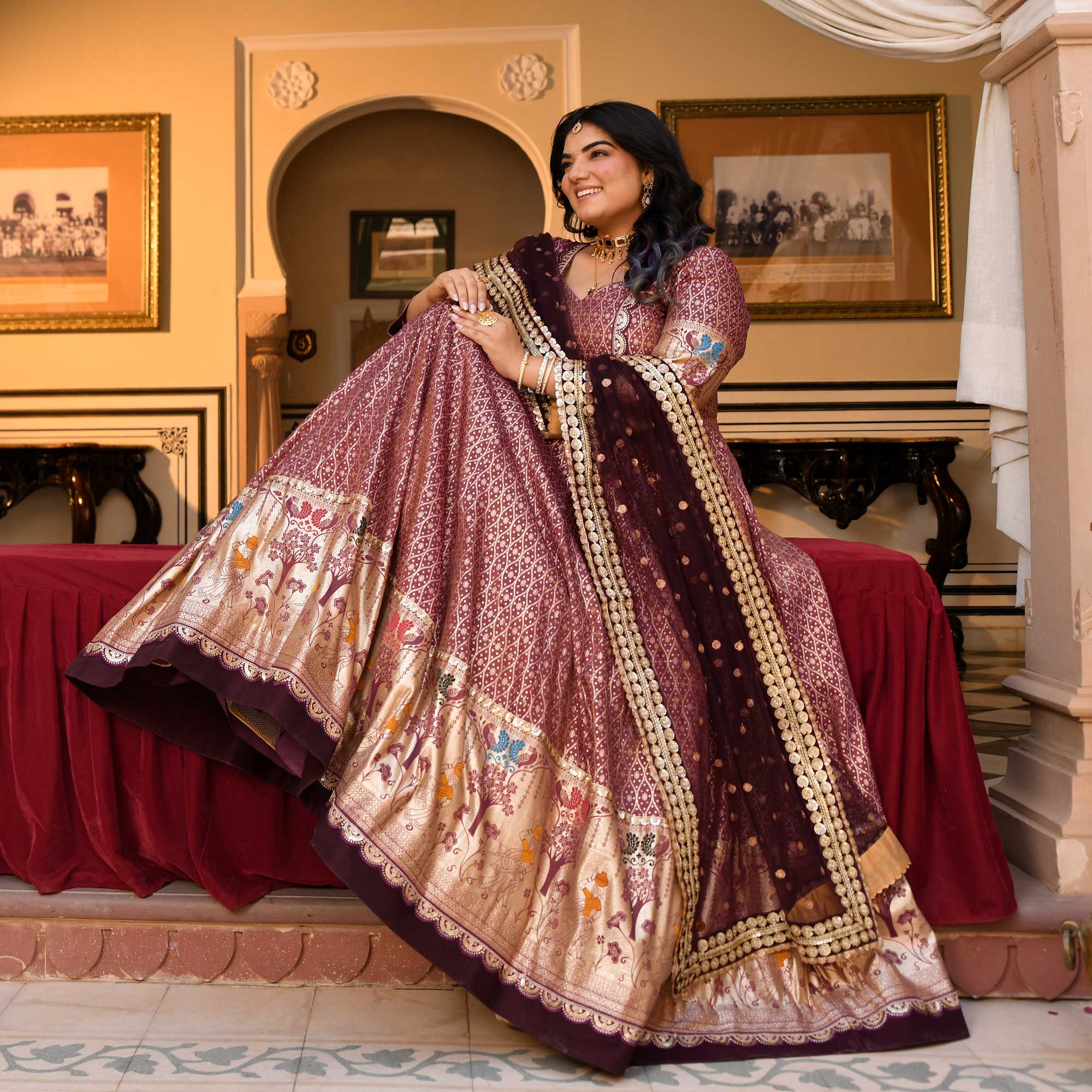 Arunima - Deep Wine Banarasi Silk Anarkali Set Arunima - Deep Wine Banarasi Silk Anarkali Set