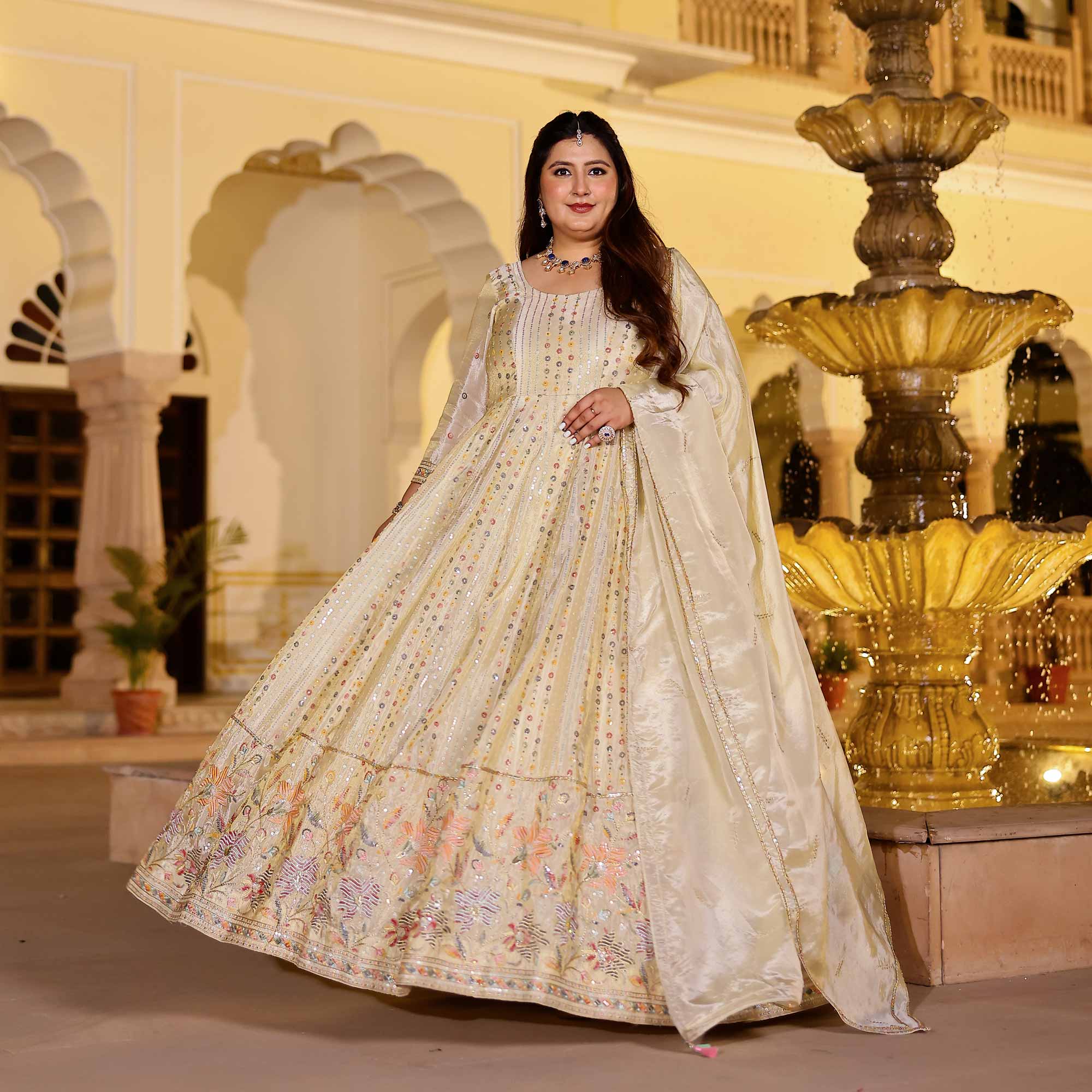 RAGINI Off-White & Gold Sequin Embroidered Pure Tissue Silk Anarkali Set