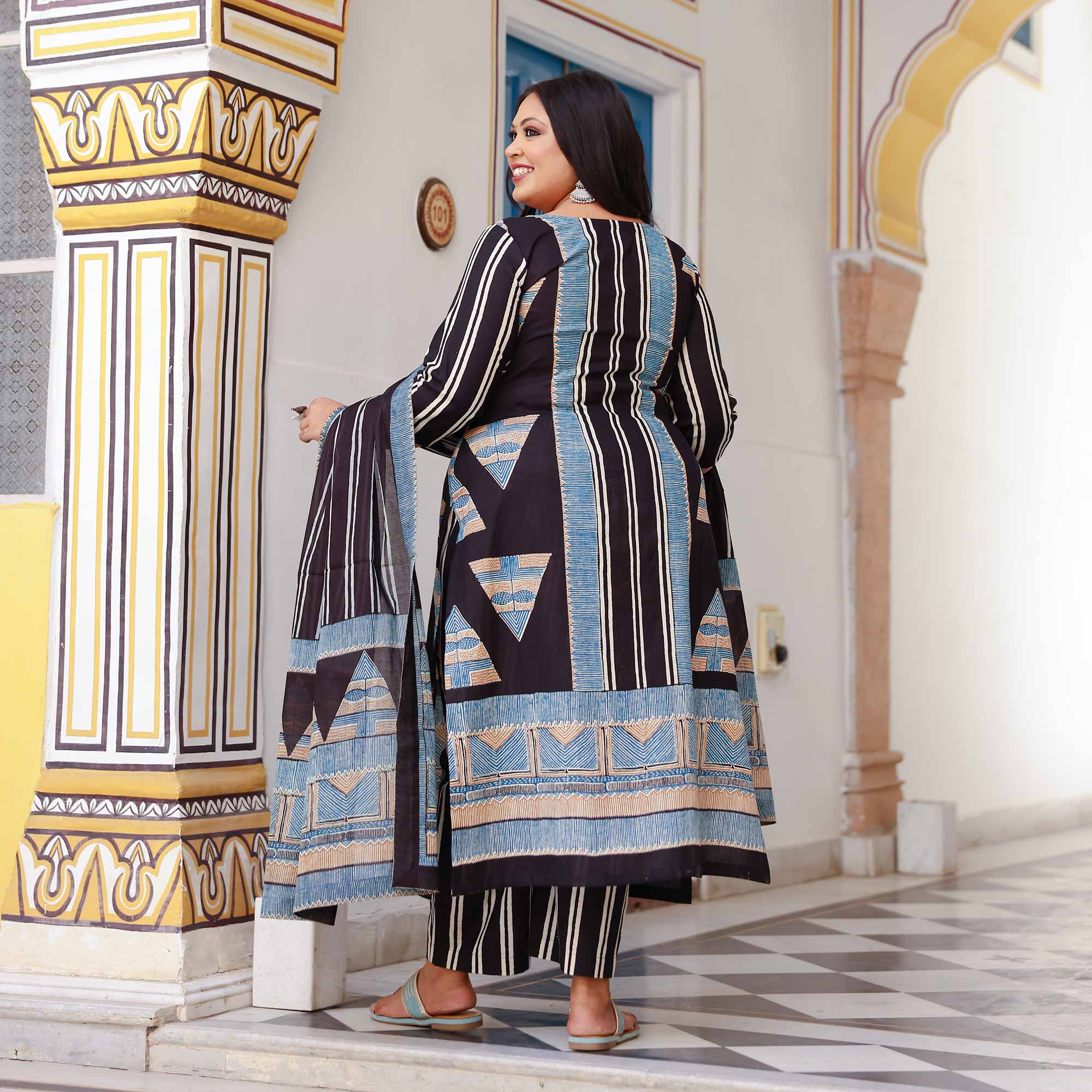 Black Ink & Azure Triangle Ajrakh Cotton Suit Set Black Ink & Azure Triangle Ajrakh Cotton Suit Set