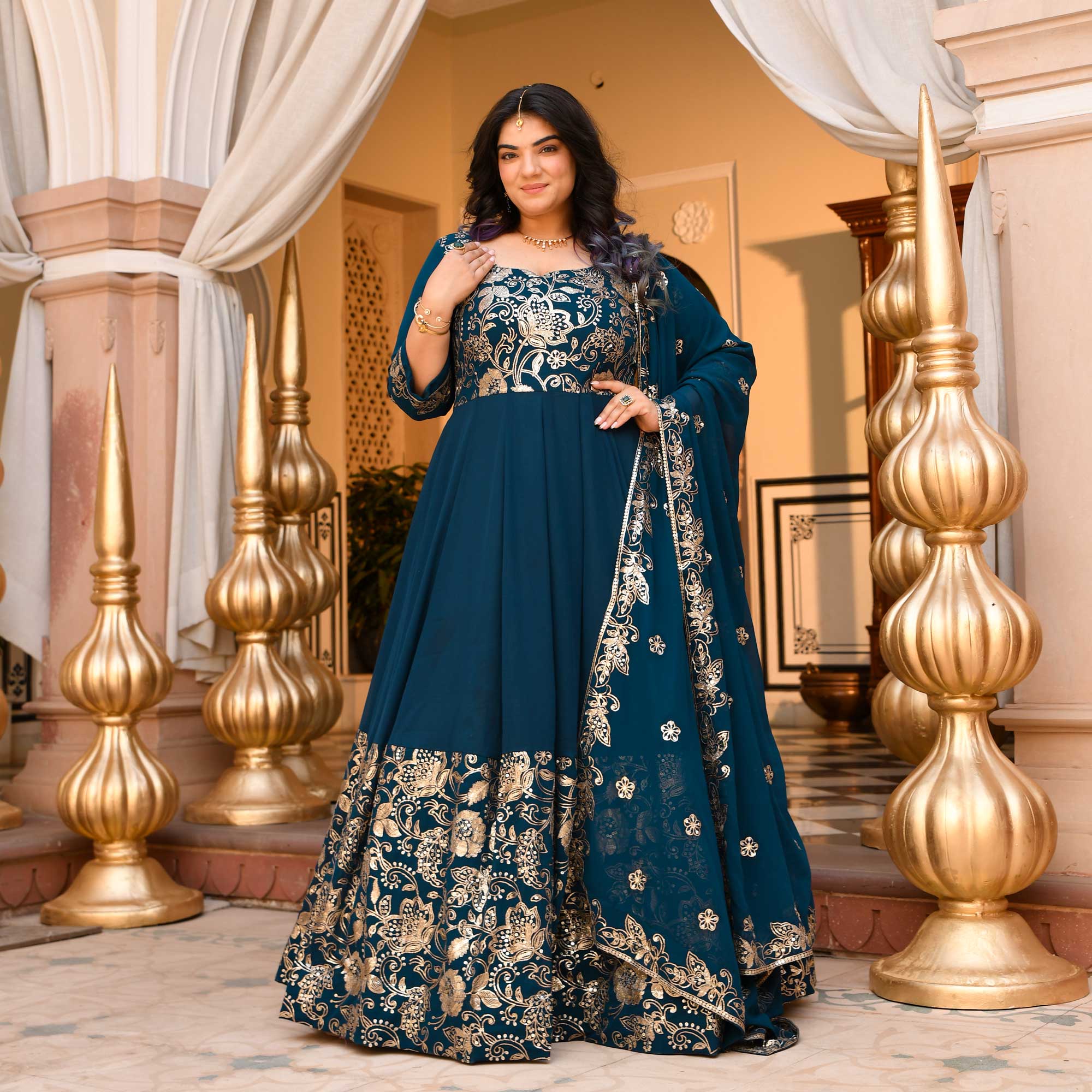 Jahnvi - Deep Prussian Blue Sequin Embroidered Georgette Anarkali Set