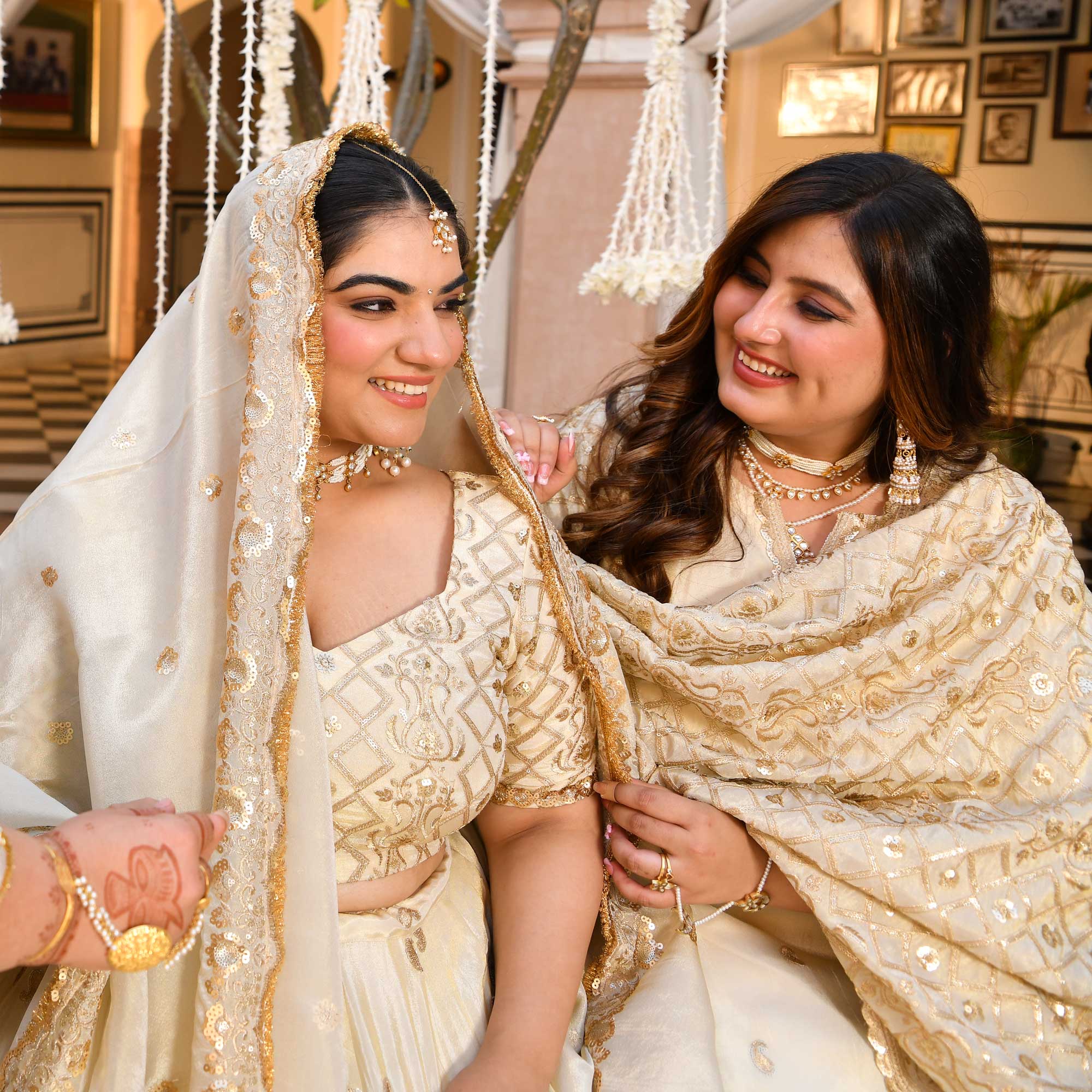 SAHIBA - Ivory & Gold Sequin Embroidered Pure Tissue Silk Suit Set