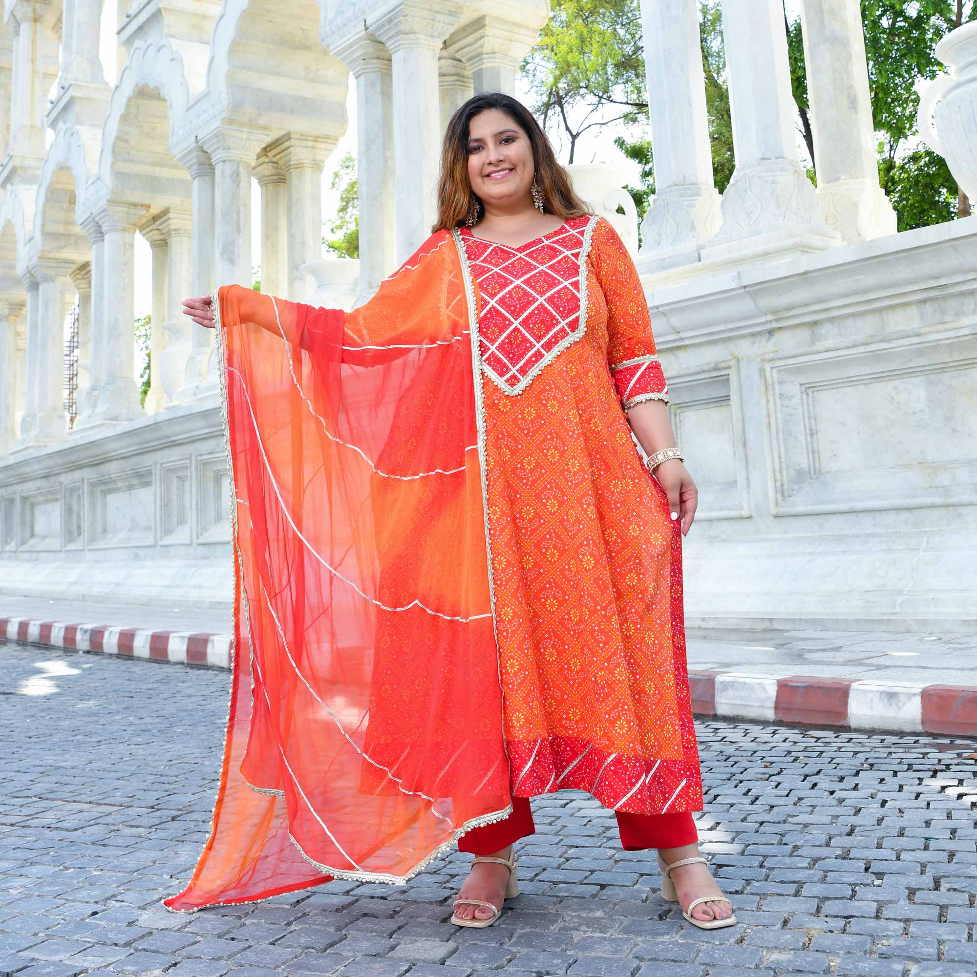 Rangrez - Red & Orange Bandhani Gota Cotton Aline Kurta