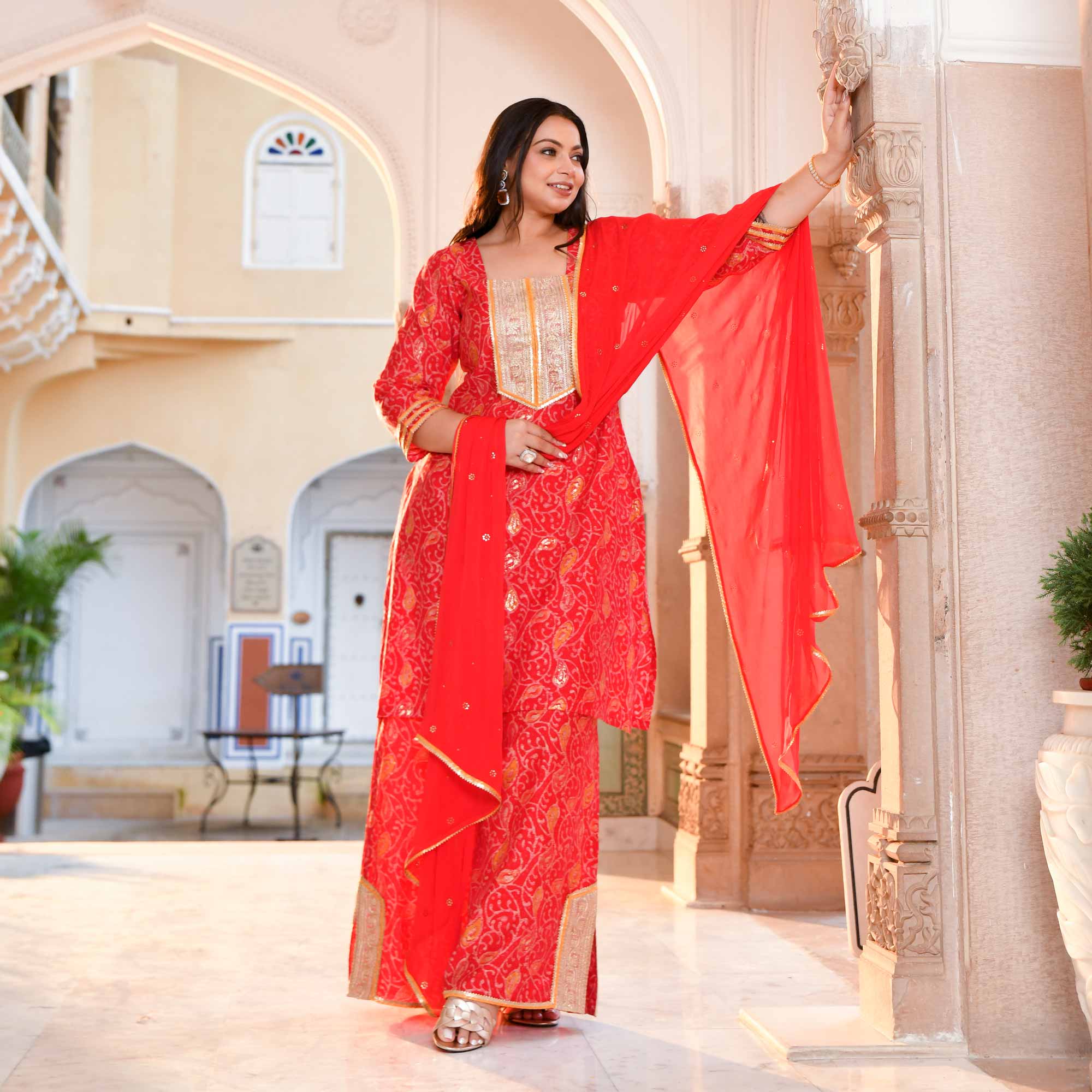 Sufiyana Red Gold Print Rayon Suit Set