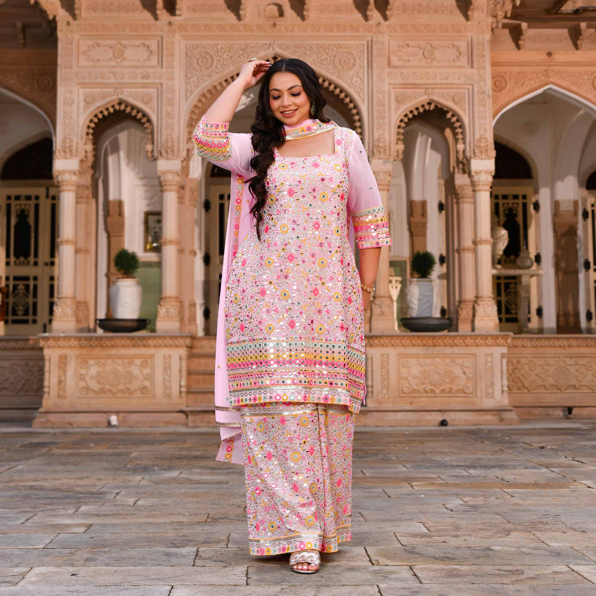 Jewel On Pink Georgette Mirror Embroidered Suit Set