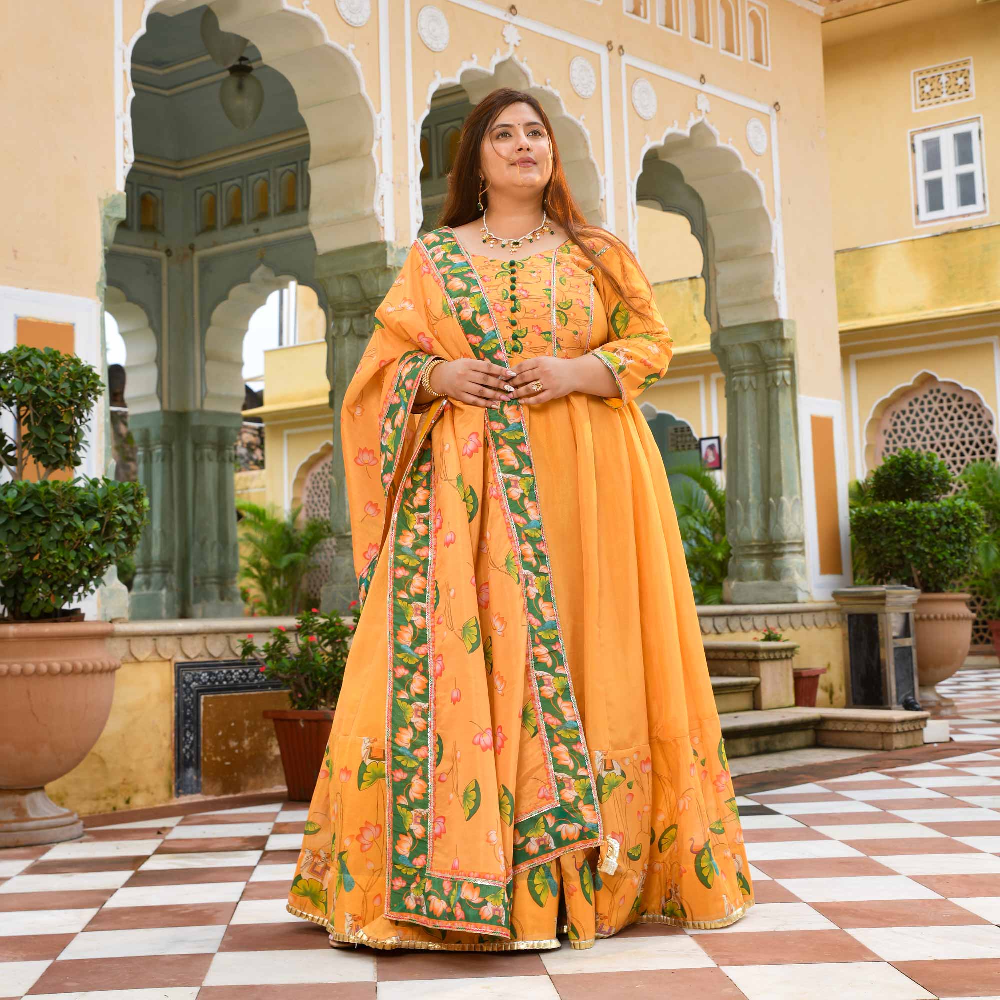 Zafrani-Mustard Yellow Tissue Silk Pichwai Printed Anarkali Set Zafrani-Mustard Yellow Tissue Silk Pichwai Printed Anarkali Set