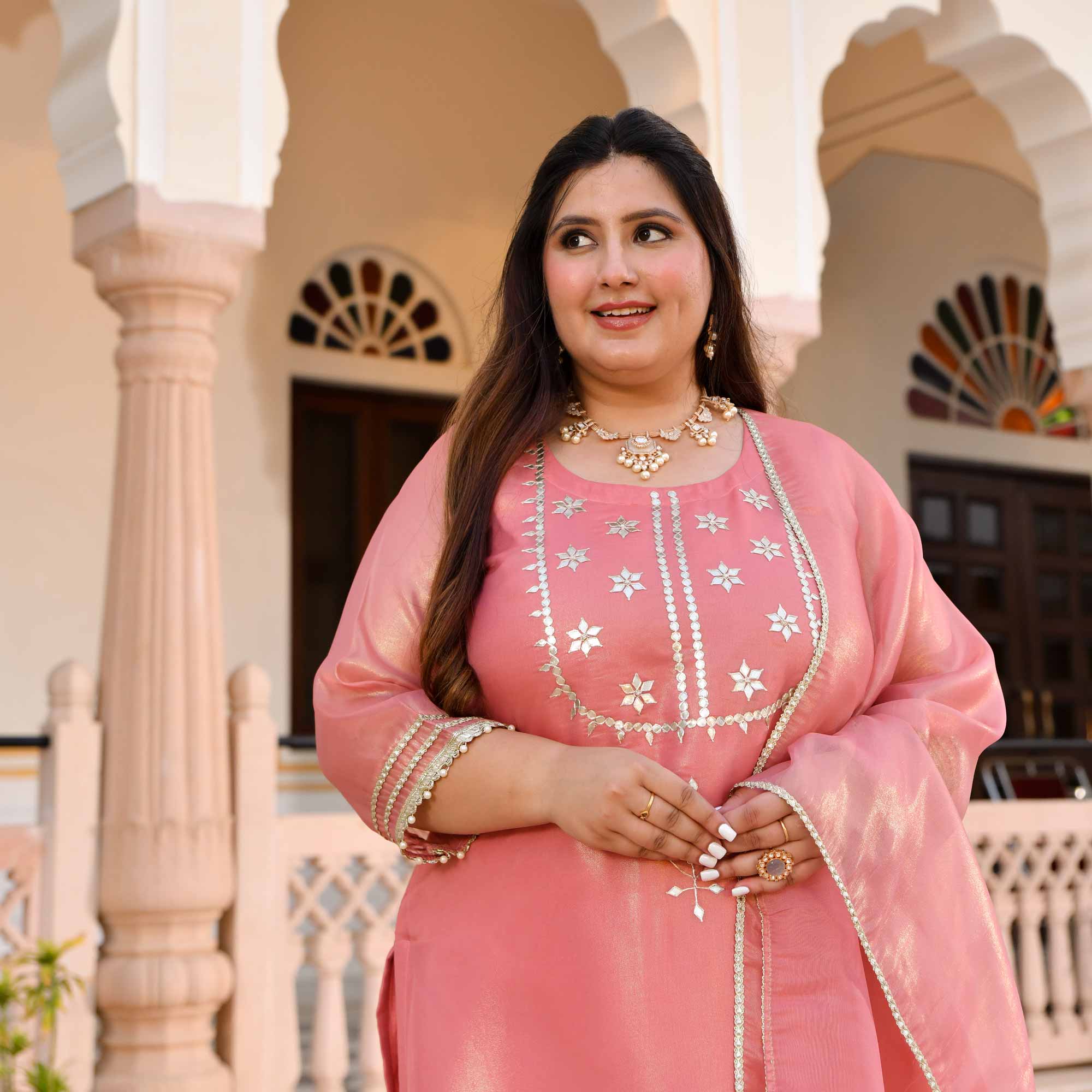 Peachy Salmon Glitz Tissue Gota Patti Suit Set