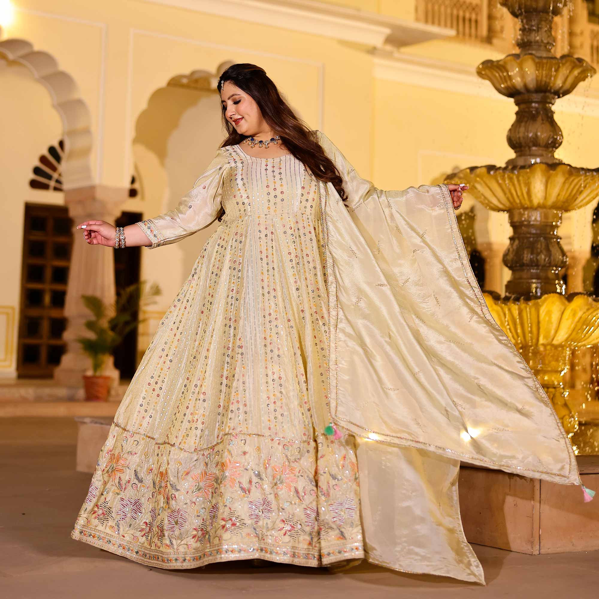 RAGINI Off-White & Gold Sequin Embroidered Pure Tissue Silk Anarkali Set RAGINI Off-White & Gold Sequin Embroidered Pure Tissue Silk Anarkali Set
