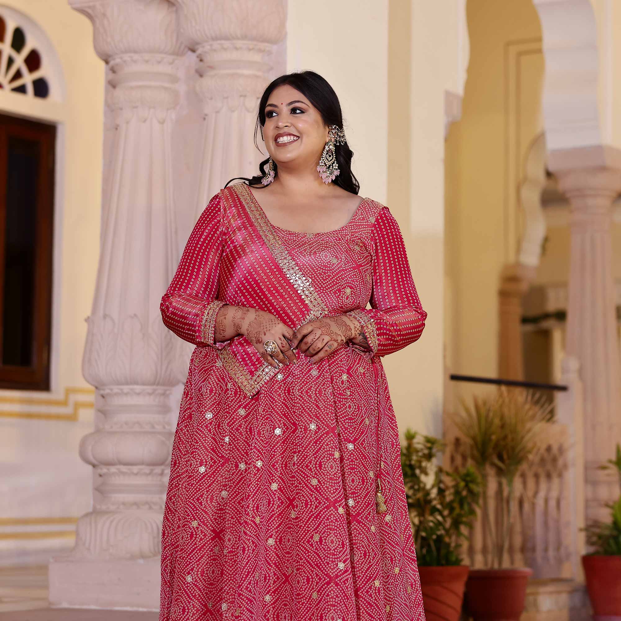Blushing Hibiscus Bandhani Pure Tissue Silk Anarkali With Asymmetrical Cape