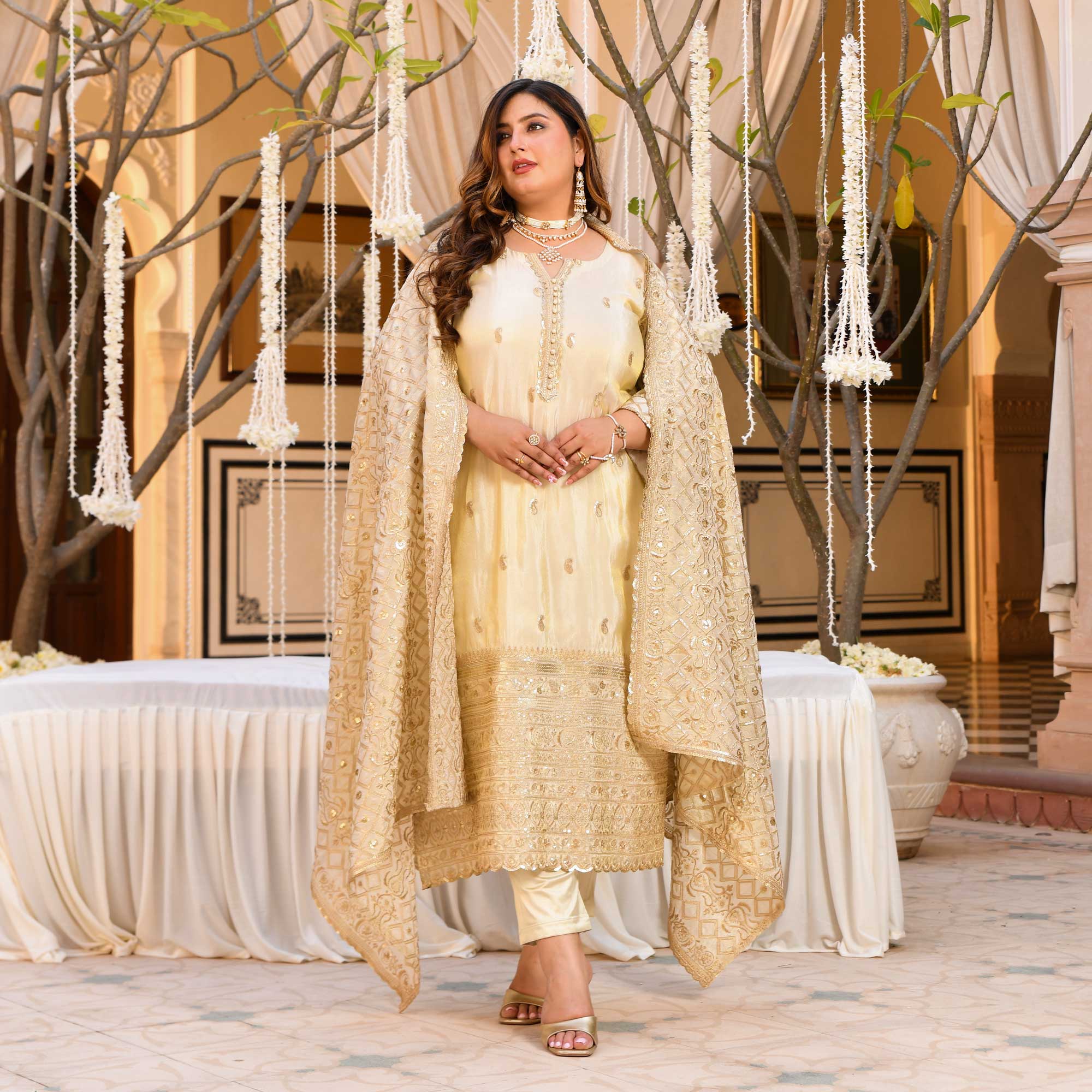 SAHIBA - Ivory & Gold Sequin Embroidered Pure Tissue Silk Suit Set