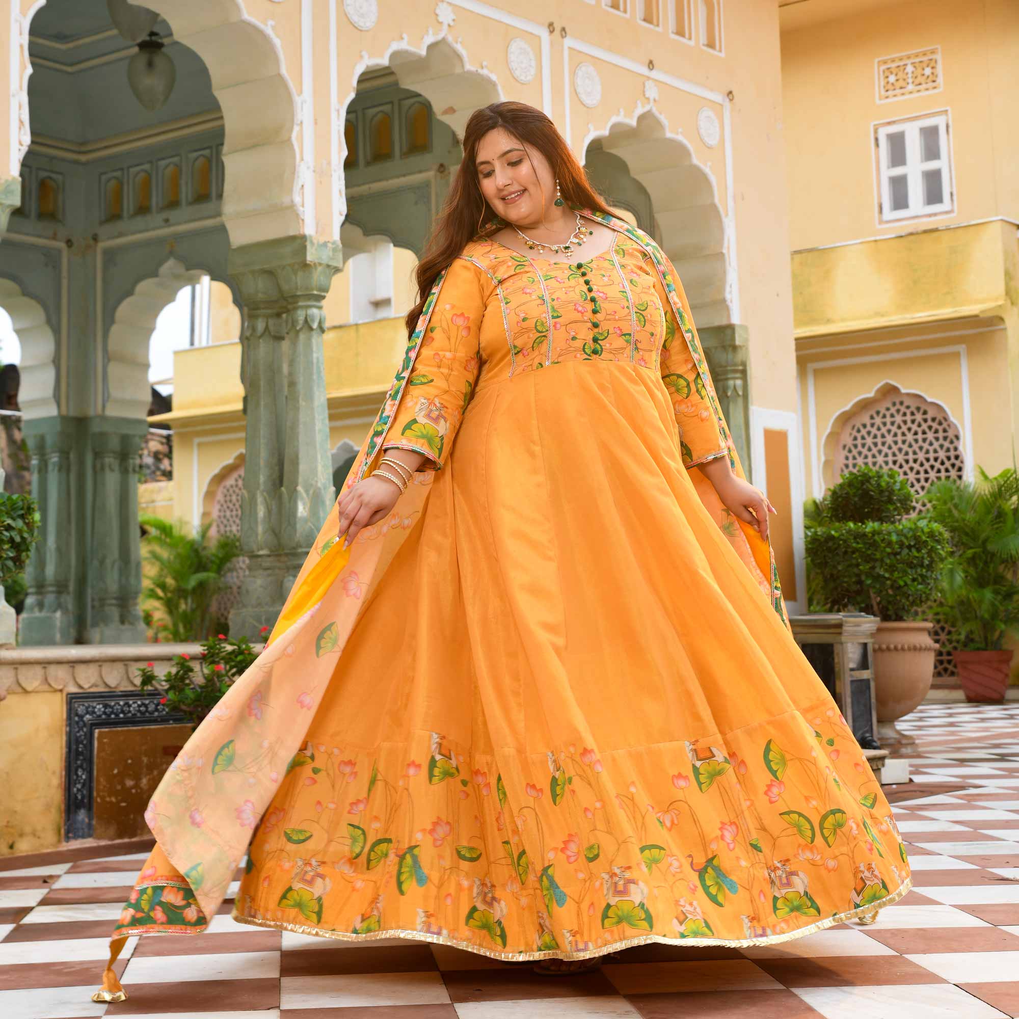 Zafrani-Mustard Yellow Tissue Silk Pichwai Printed Anarkali Set Zafrani-Mustard Yellow Tissue Silk Pichwai Printed Anarkali Set