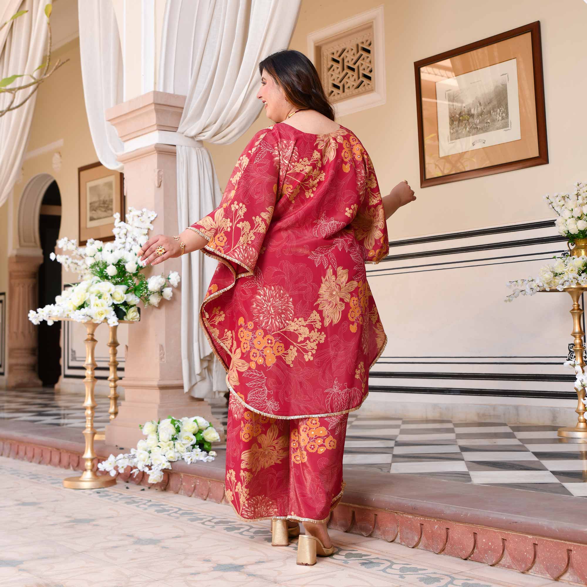 Timeless Tulips Floral Muslin Hand Embroidered Kaftan Co-ord Set Timeless Tulips Floral Muslin Hand Embroidered Kaftan Co-ord Set
