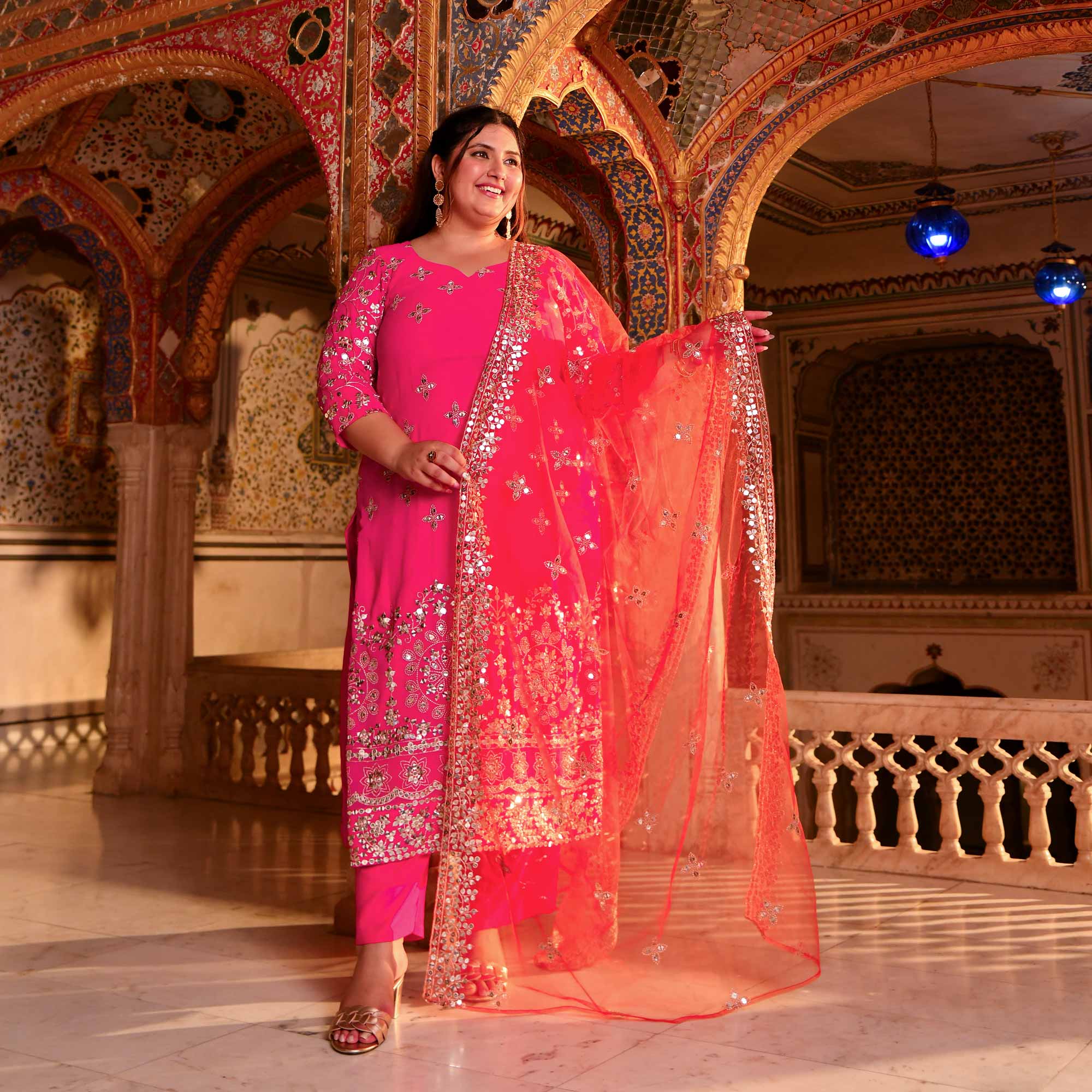 Pink Flame Mirror Embroidered Pure Georgette Suit Set