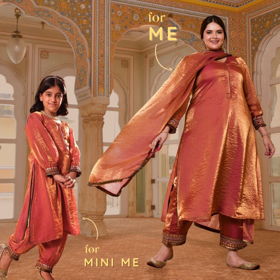 Chamakta Taaj- Copper & Gold Tissue Silk Anarkali Set