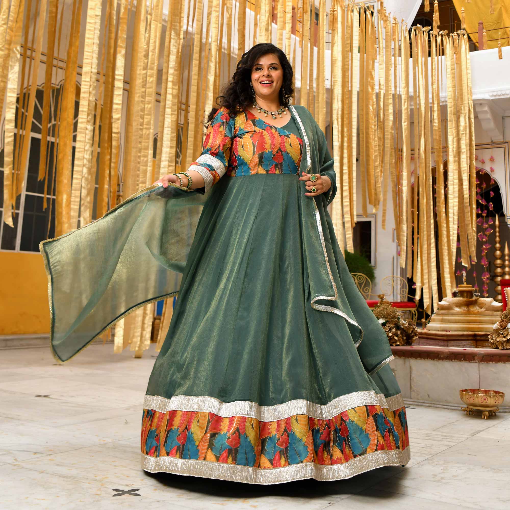 Forest Dew-Sage green Tissue Silk Anarkali Set