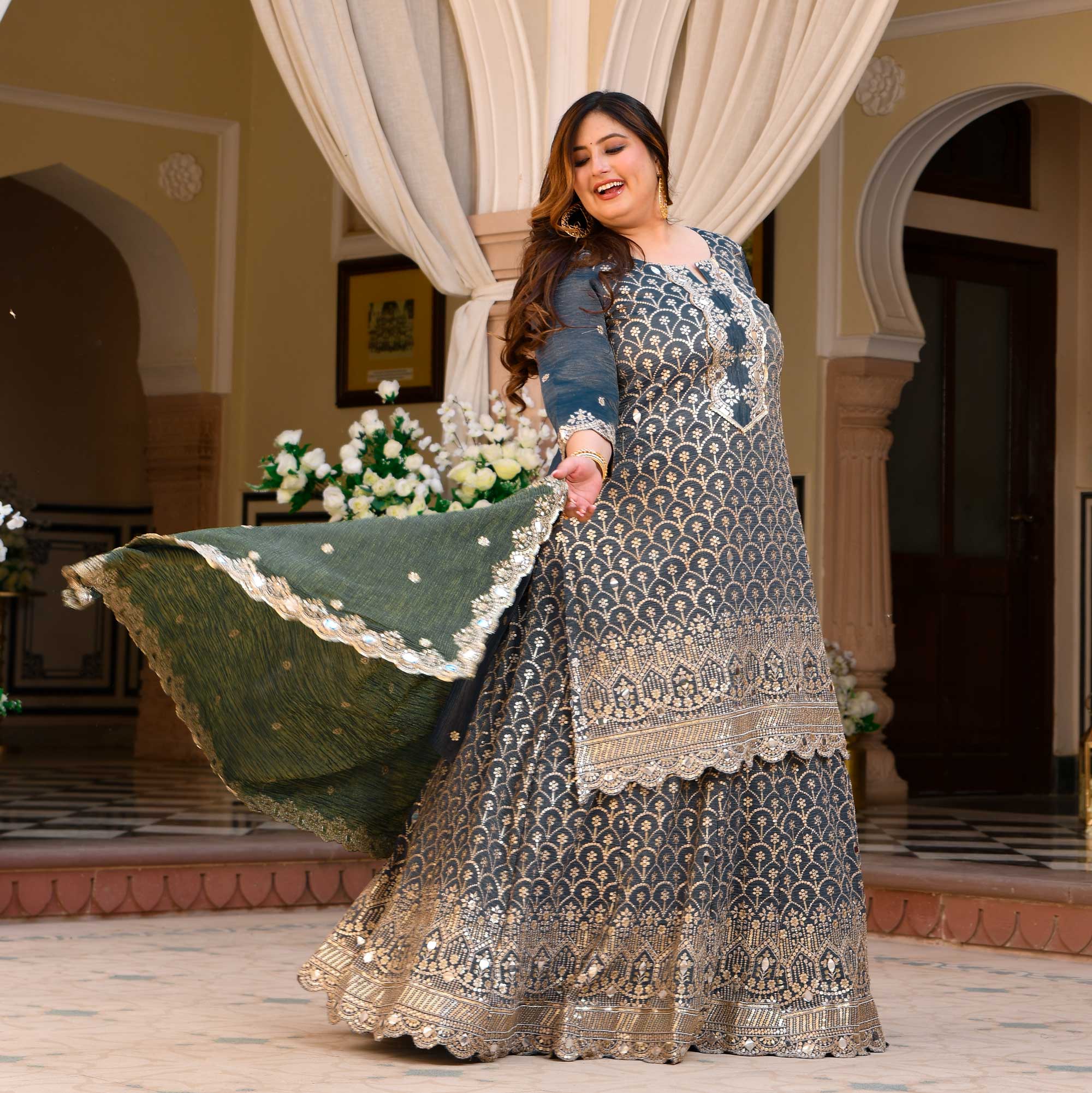 Leela - Slate Grey & Limed Ash Crushed Sequin Embroidered Pure Tissue Silk Skirt Set