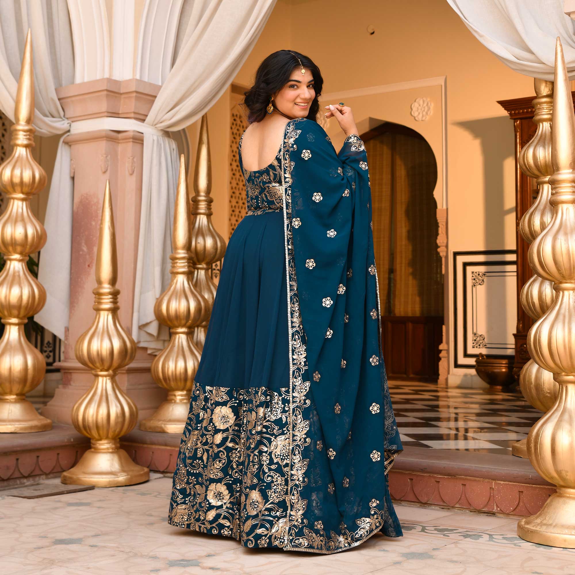 Jahnvi - Deep Prussian Blue Sequin Embroidered Georgette Anarkali Set
