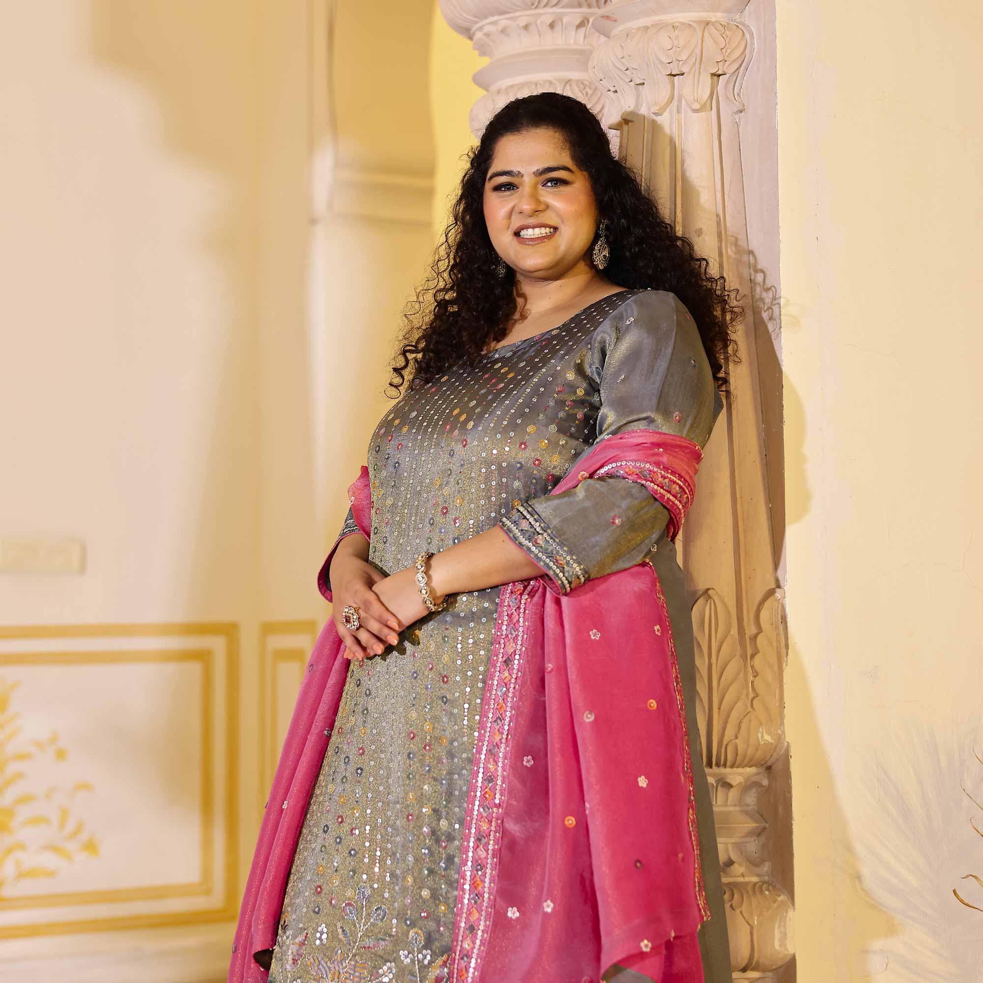 Grey Grace & Rose Sequin Embroidered Tissue Silk Suit Set