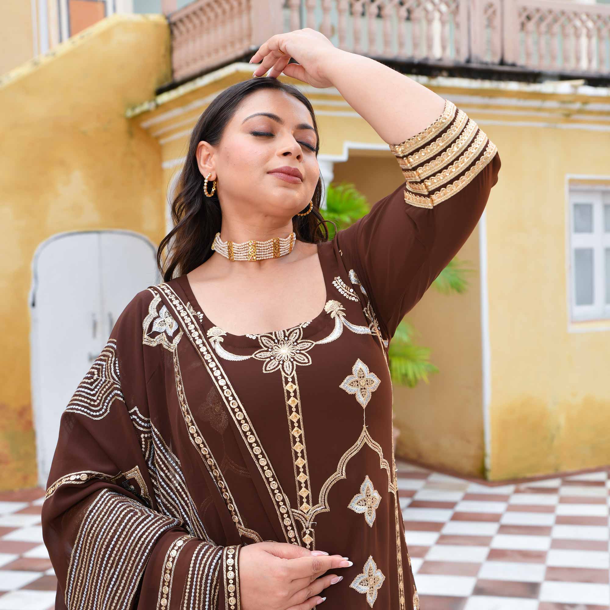 Bronze & Gold Embroidered Suit Set