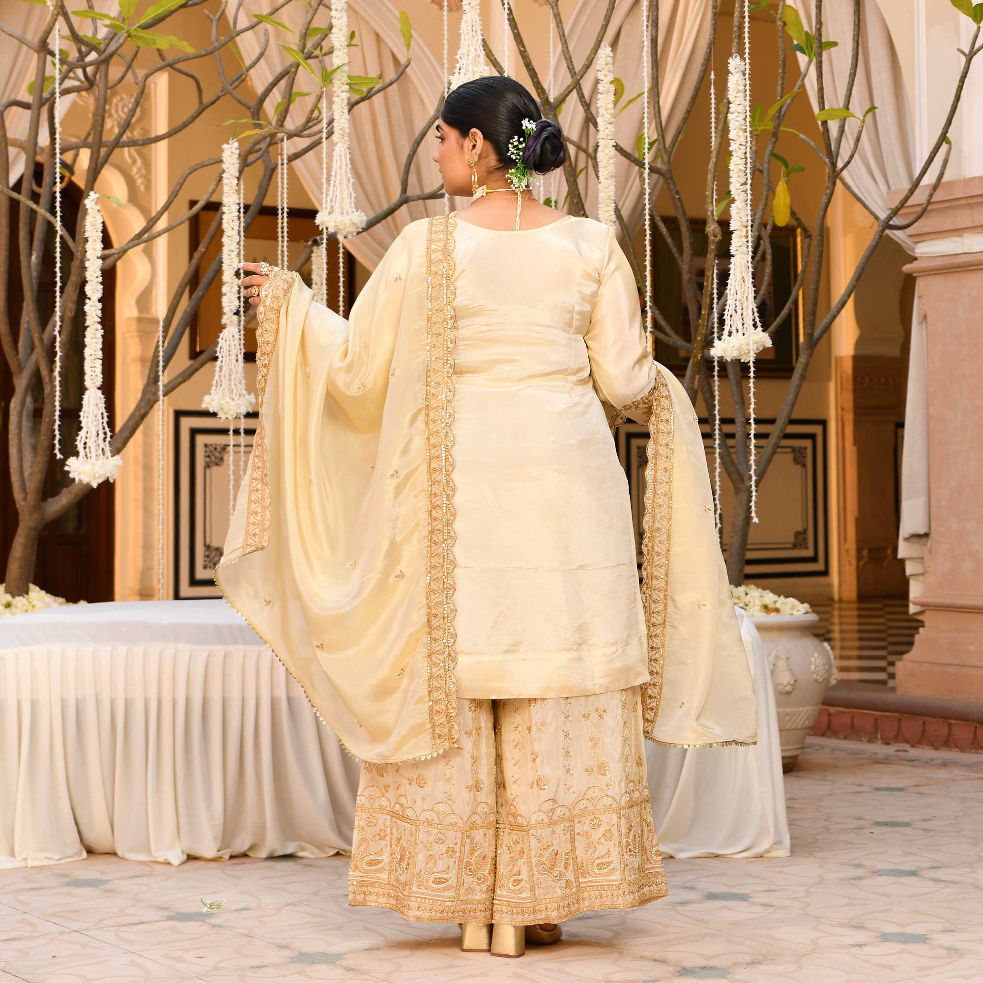 KALKI - Ivory & Gold Cutdana Embroidered Pure Tissue Silk Suit Set KALKI - Ivory & Gold Cutdana Embroidered Pure Tissue Silk Suit Set