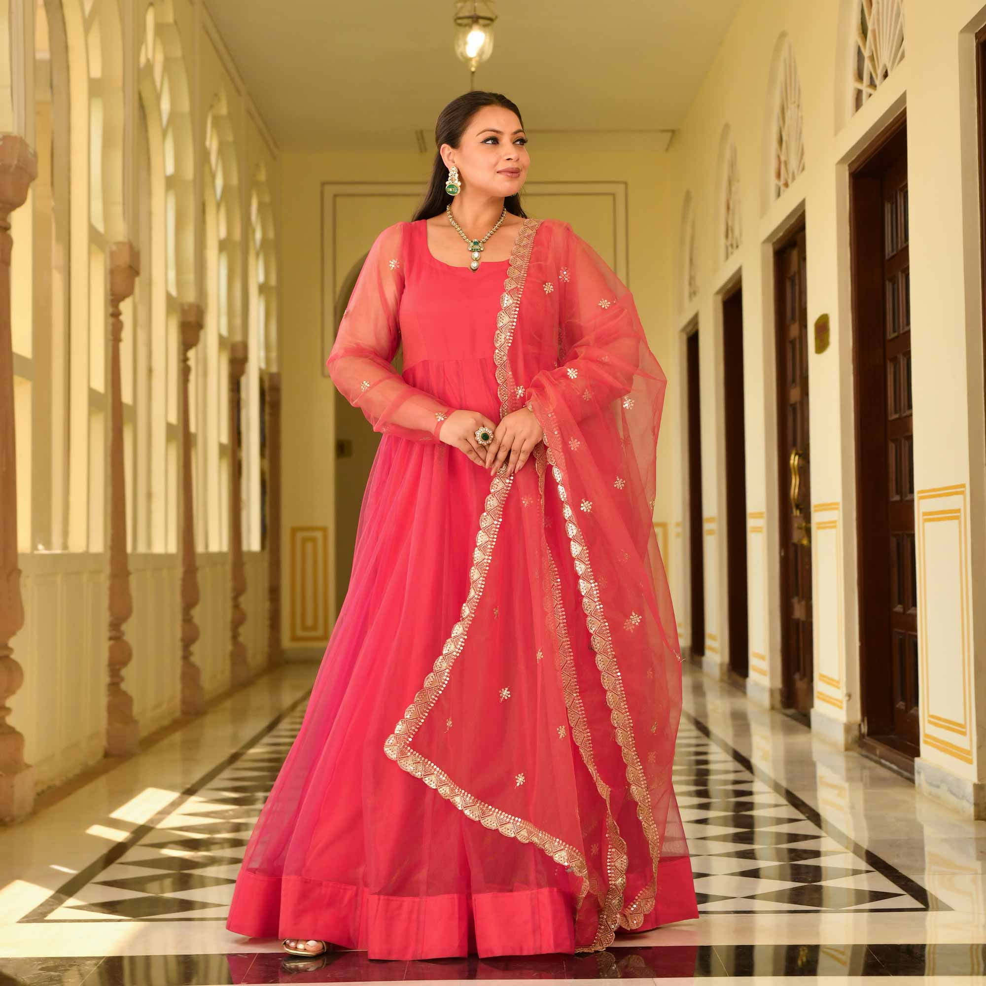 Coral Crush Glam Tissue Net Anarkali Set Coral Crush Glam Tissue Net Anarkali Set