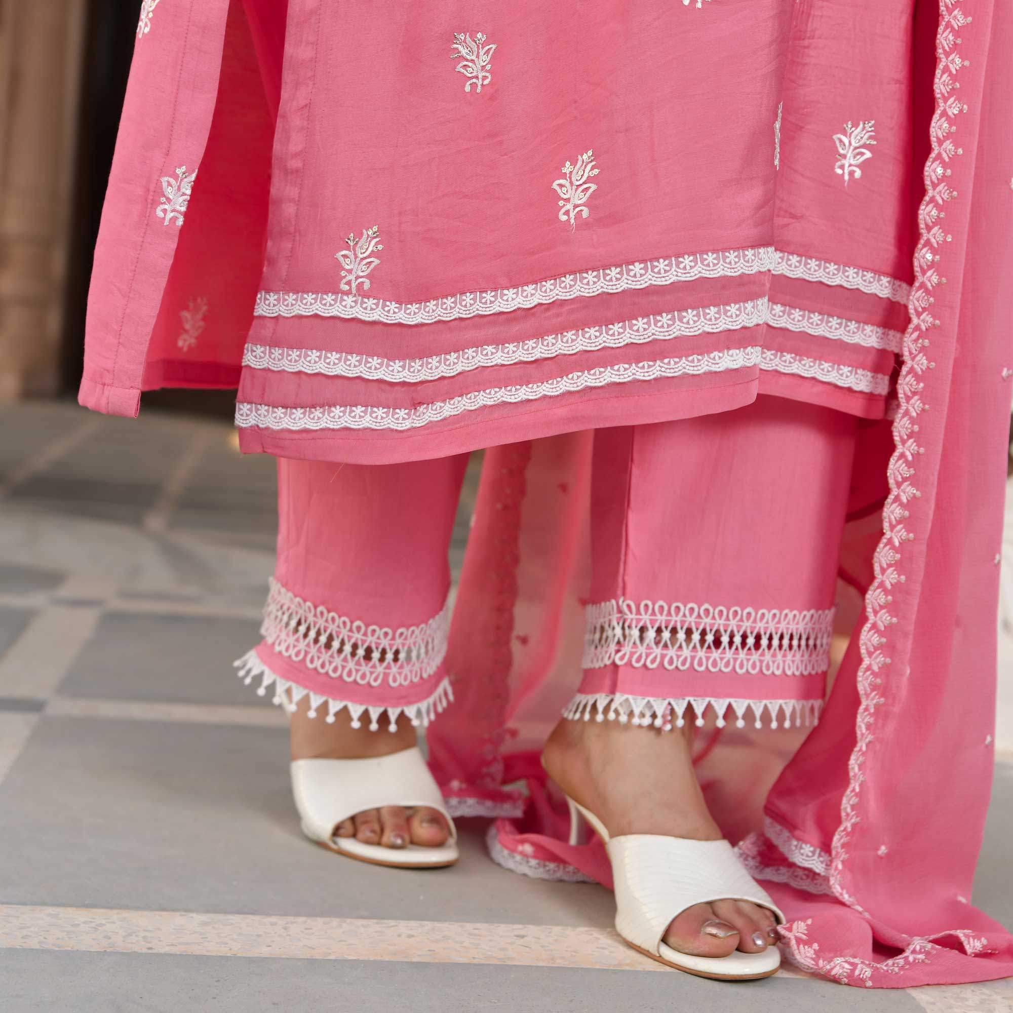 Cadillac Pink Thread Embroidered Muslin Suit Set